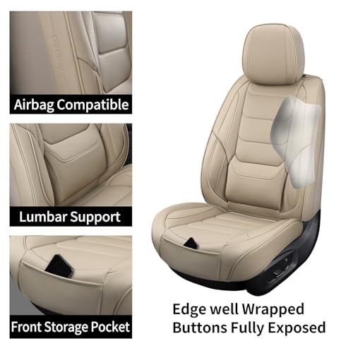 Juego completo de fundas de asiento de coche de cuero transpirables para asientos automotrices beige3- - Image 3