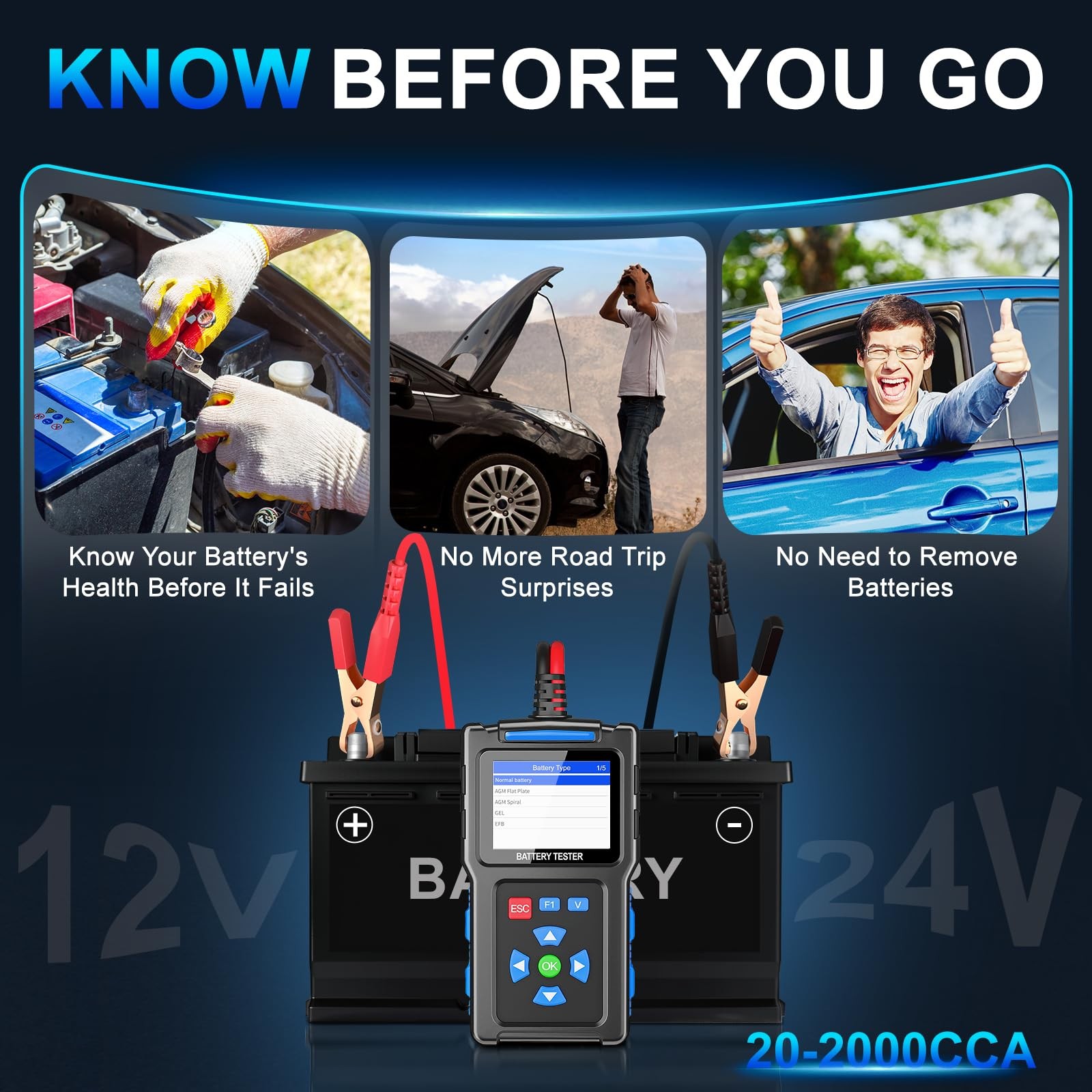 Probador de Carga de Batería 12v Automotriz, 20-2000 CCA Probador de Batería de Coche y- - Image 5
