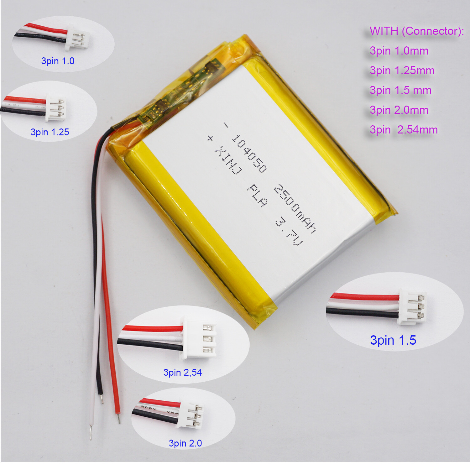3.7V 2500mAh 9.25Wh Batería Li Recargable Lipo JST 3Pin NTC Termistor 104050-