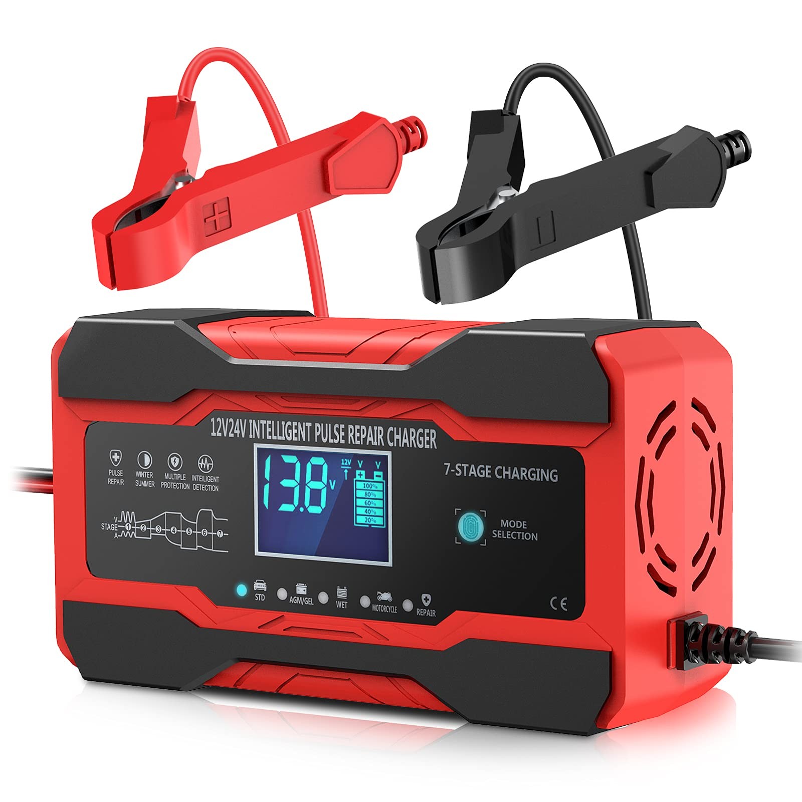 Cargador y mantenedor de batería inteligente para automóvil 12V/24V 10A con desulfatador y Temp-Compn-
