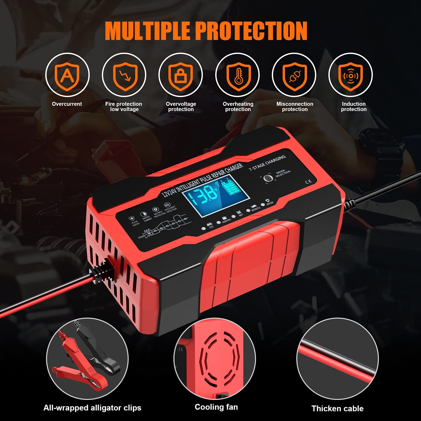 Cargador y mantenedor de batería inteligente para automóvil 12V/24V 10A con desulfatador y Temp-Compn- - Image 2