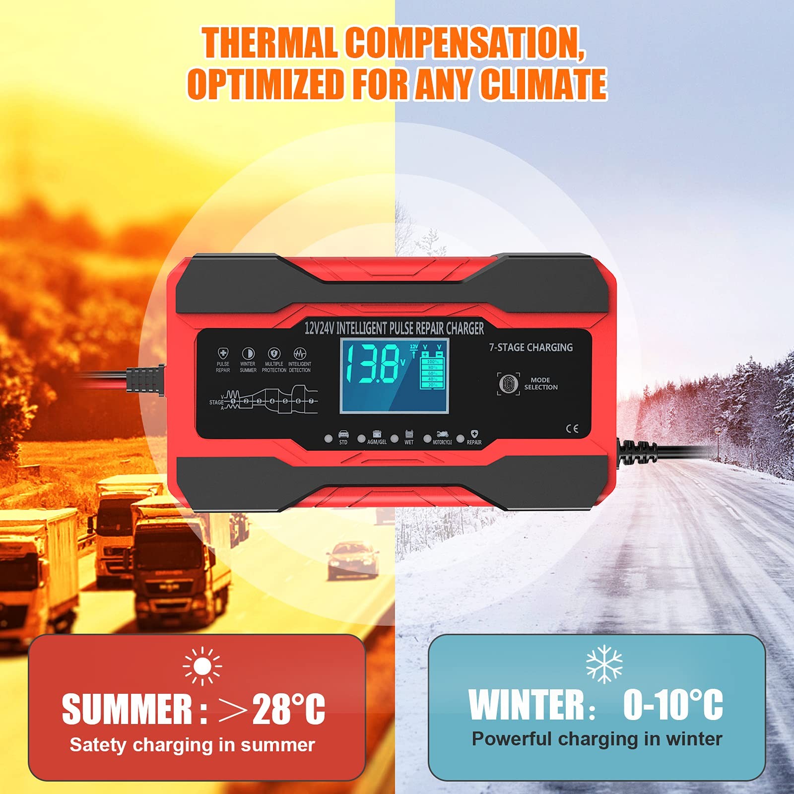 Cargador y mantenedor de batería inteligente para automóvil 12V/24V 10A con desulfatador y Temp-Compn- - Image 3