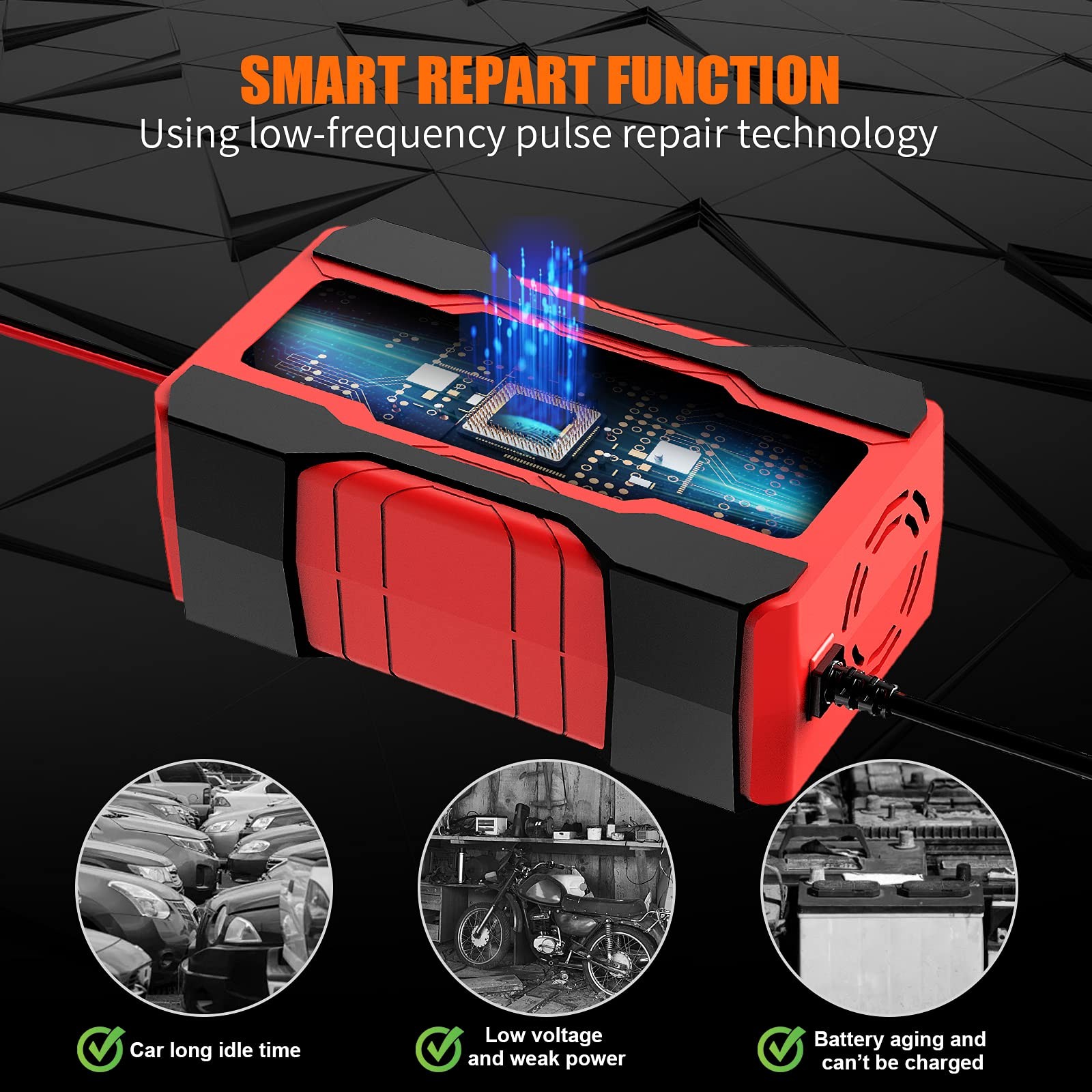 Cargador de Batería YONHAN 10 Amperios 12V y 24V Totalmente Automático Coche Inteligente Rojo 10A - - Image 3