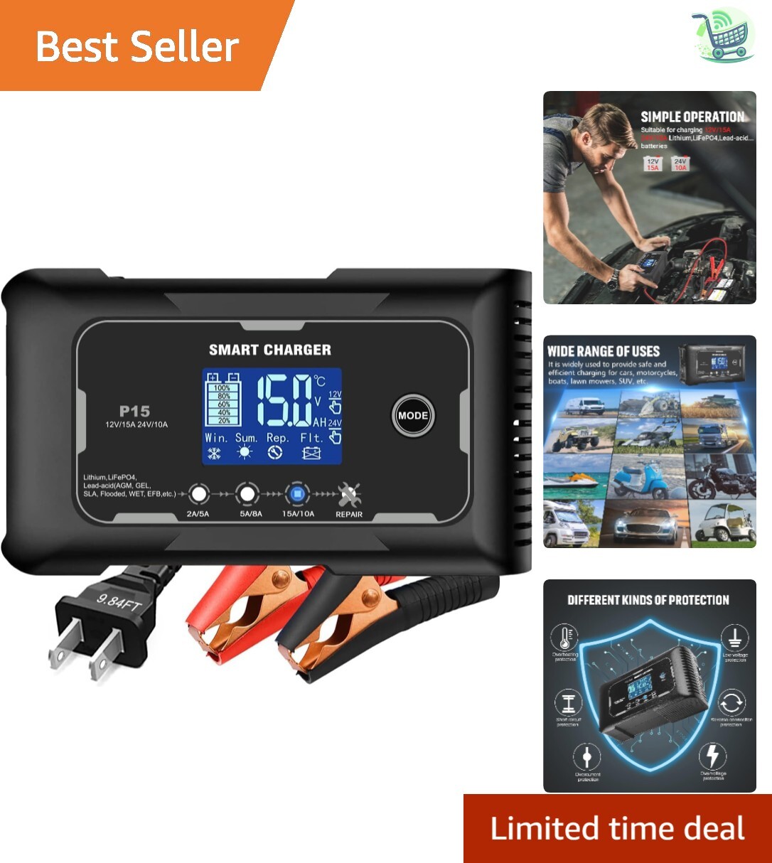 Cargador Smart 12V/24V Lifepo4 con Pantalla LCD y Función de Reparación de Batería-