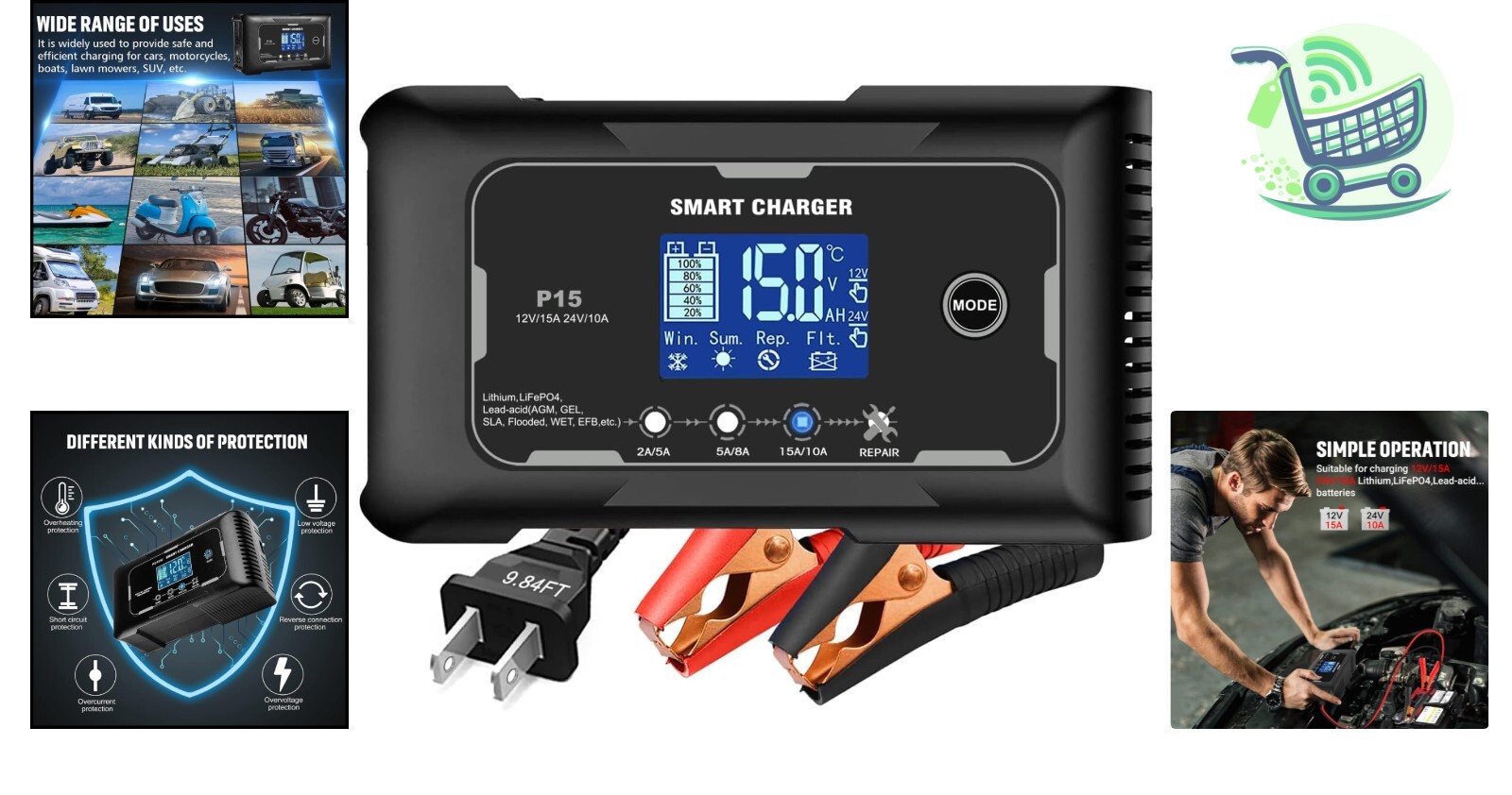 Cargador Smart 12V/24V Lifepo4 con Pantalla LCD y Función de Reparación de Batería- - Image 2