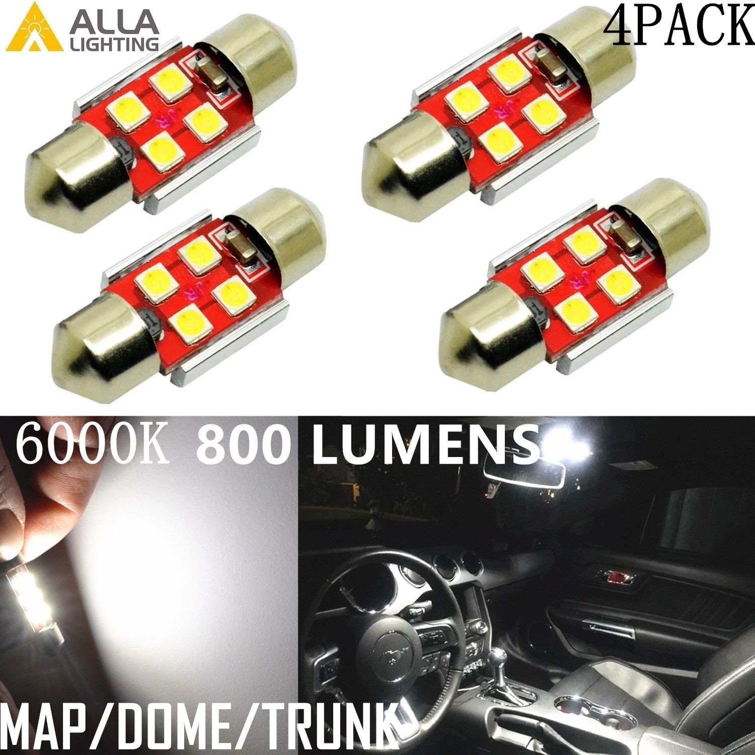 Allá Lighting 800LM 3030 LED Domo Mapa Tronco Luz Festón Bombilla DE3175, Blanco, 4x-