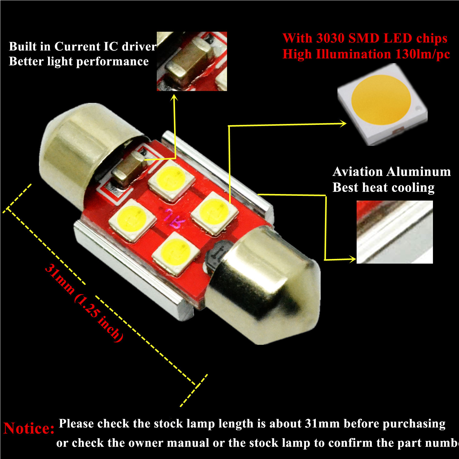 Allá Lighting 800LM 3030 LED Domo Mapa Tronco Luz Festón Bombilla DE3175, Blanco, 4x- - Image 3