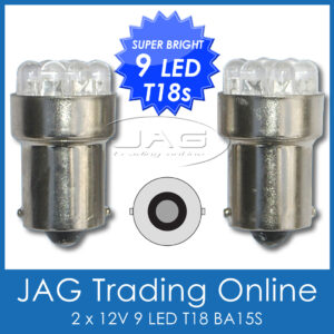 PAIR 12V 9-LED T18 BA15S WHITE AUTOMOTIVE GLOBES - Reverse/Indicator Light Bulbs