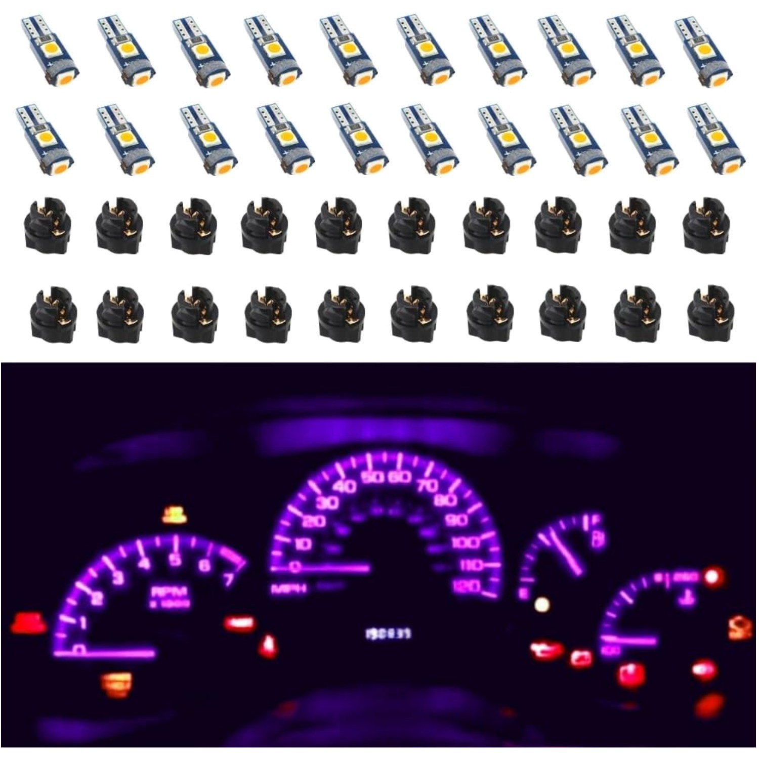 74 bombillas LED de larga duración para mayor visibilidad - Kit automotriz púrpura-