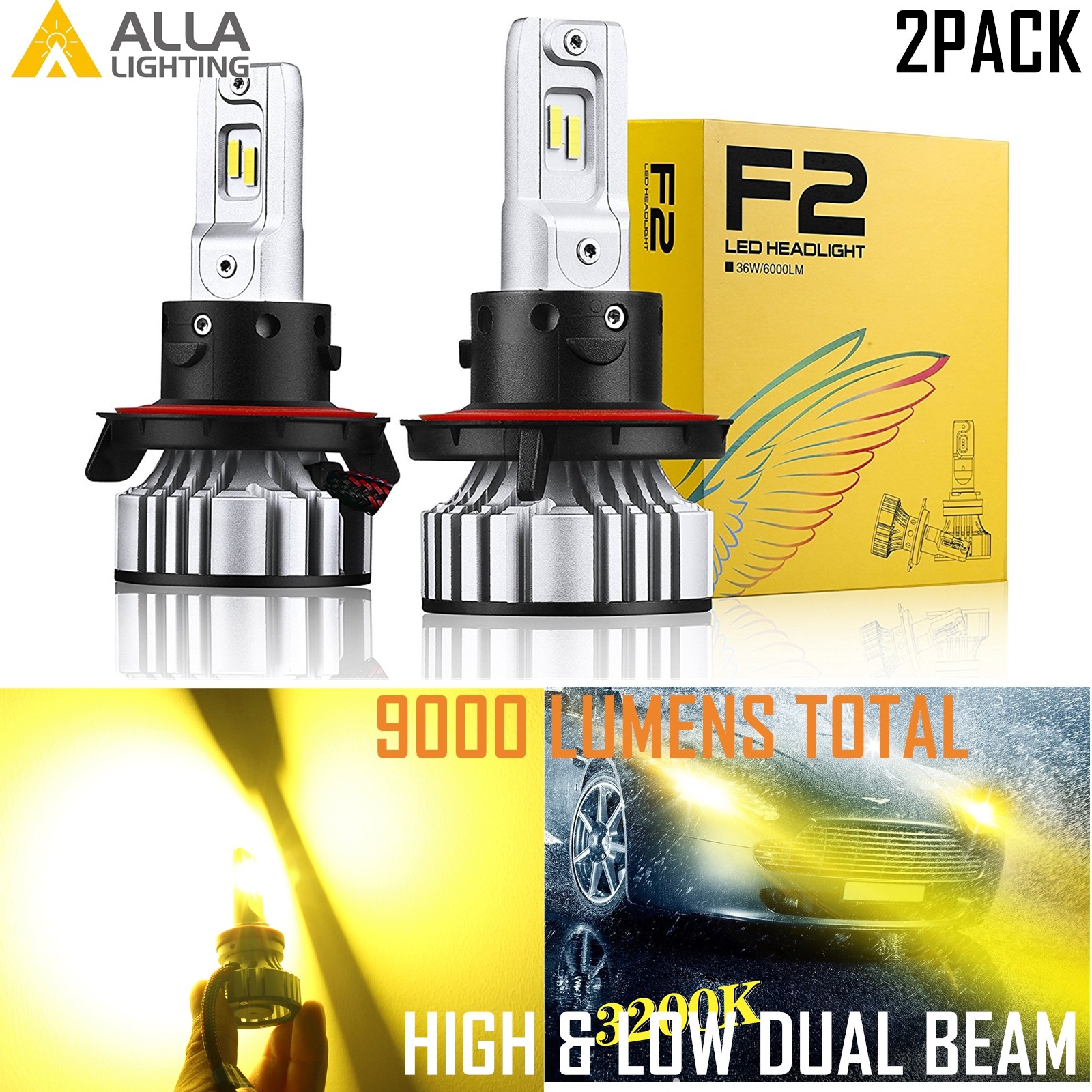 Allá Lighting H13 AMARILLO LED Faro Faro Bombilla Luz Completo/Alto Bajo-
