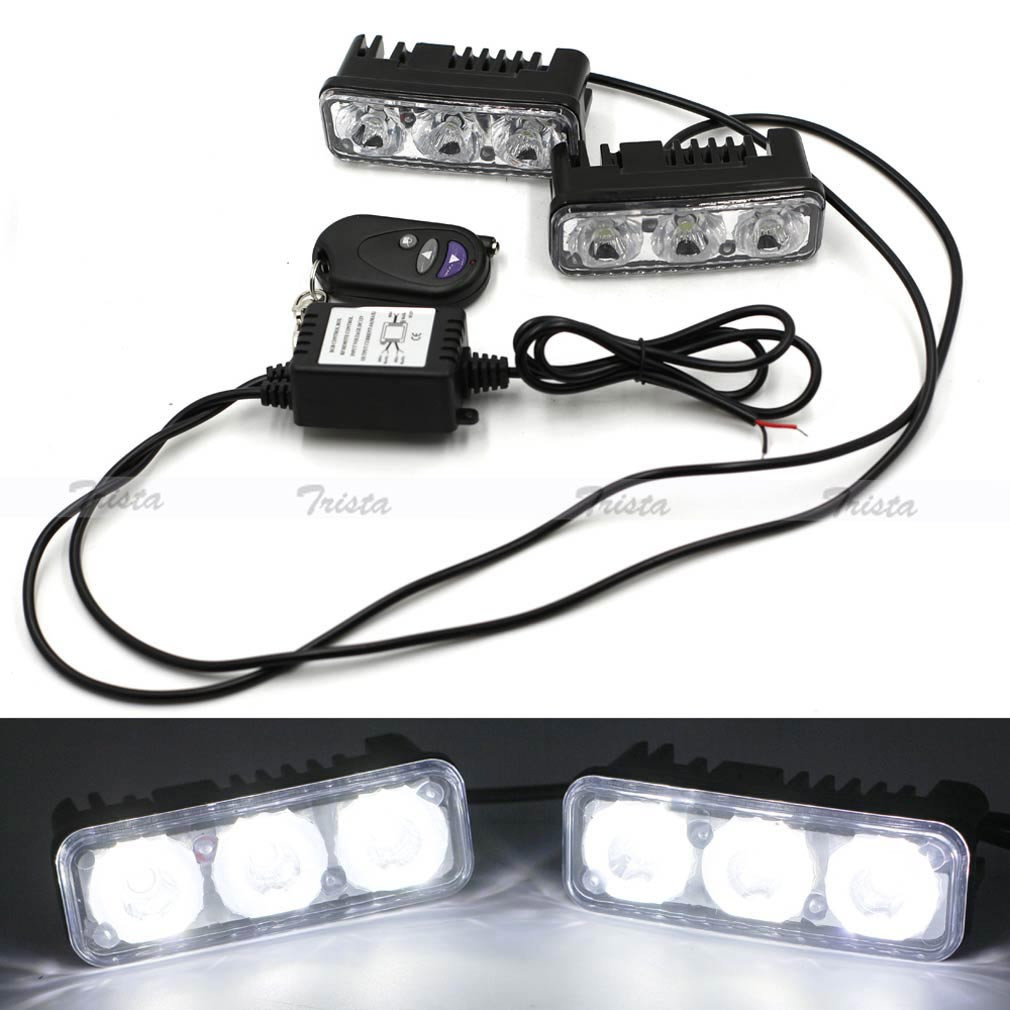 2 piezas 3 LED Blanco Coche DRL Luz de Conducción Control Remoto Flash Estroboscópico Lámpara de Advertencia-