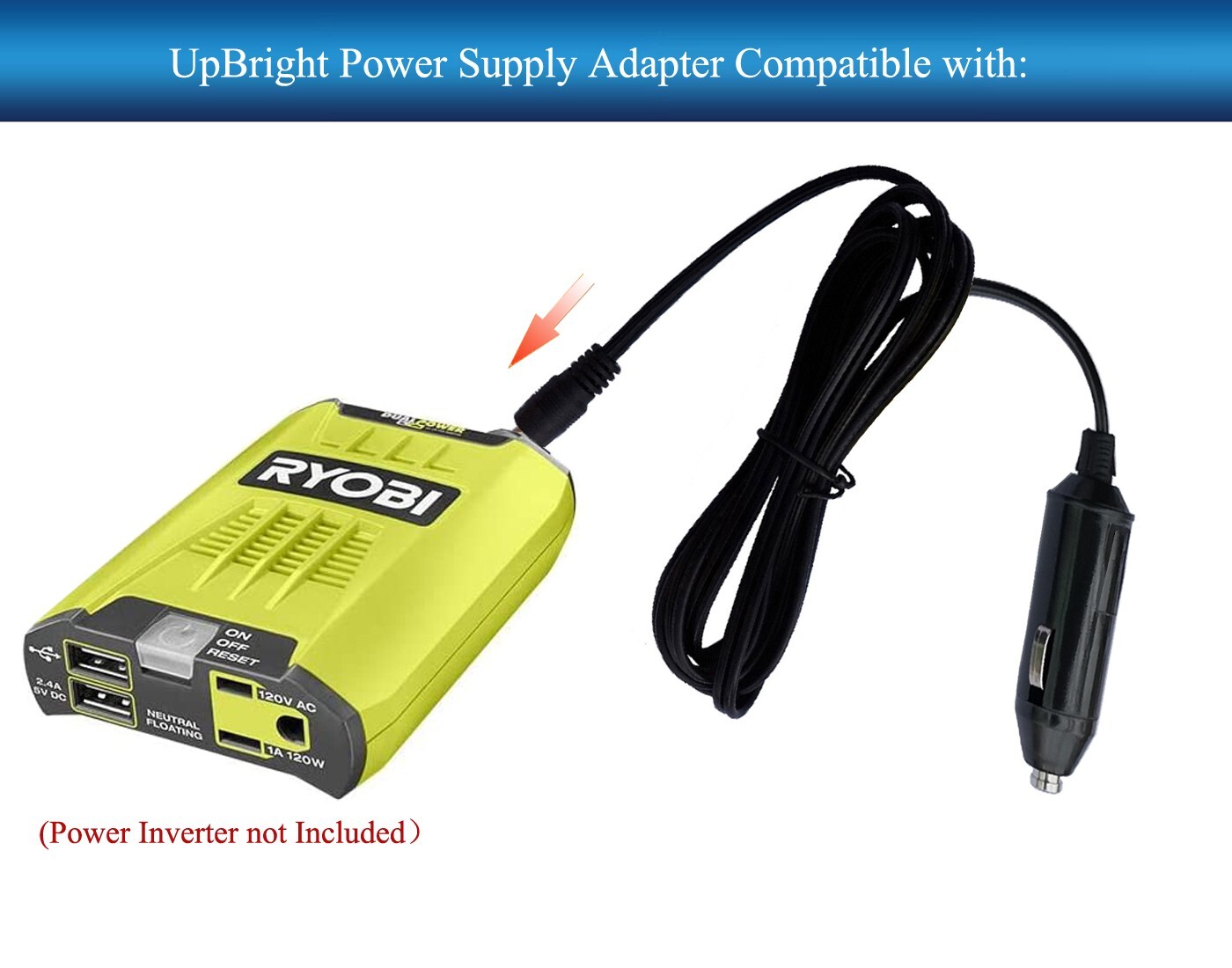 Adaptador de cargador de coche para inversor de corriente automotriz RYOBI 18V 120 vatios 12V RYi120A- - Image 2