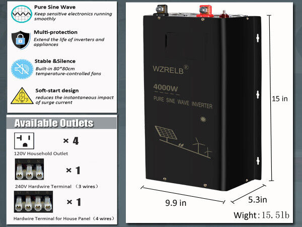 Casa rodante 4000W inversor de onda sinusoidal pura fase dividida 36V a 120V 240V control remoto solar con cable- - Image 3