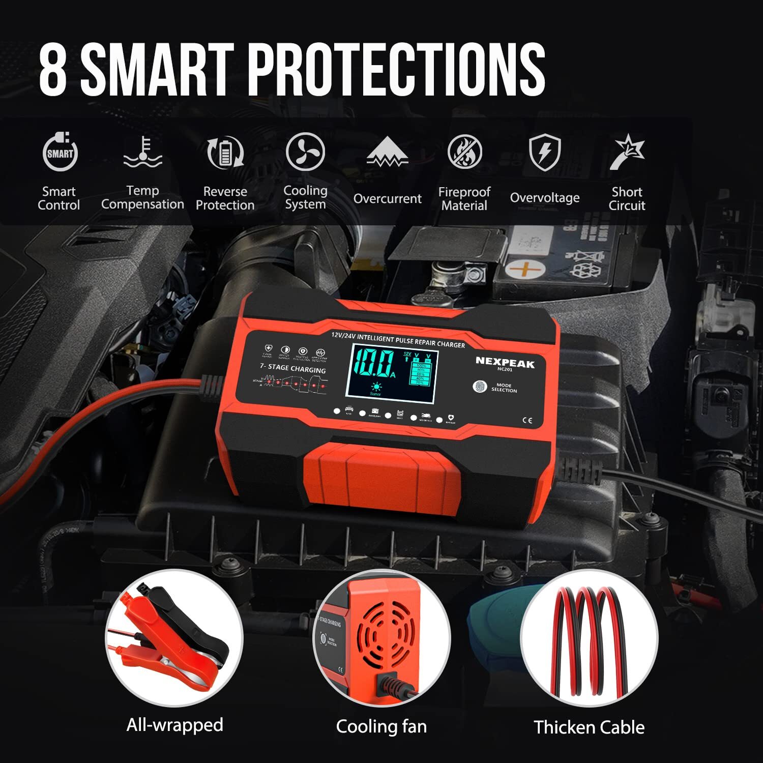 Cargador de batería inteligente NEXPEAK NC201 10 amperios cargador de goteo 12V 24V batería de coche - - Image 4