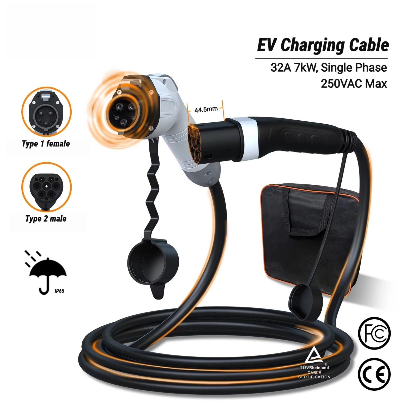Cable de carga EV (7kW - Tipo 2 a Tipo 1), Cargador EV Modo 3, 32A 250V Max, 5m-