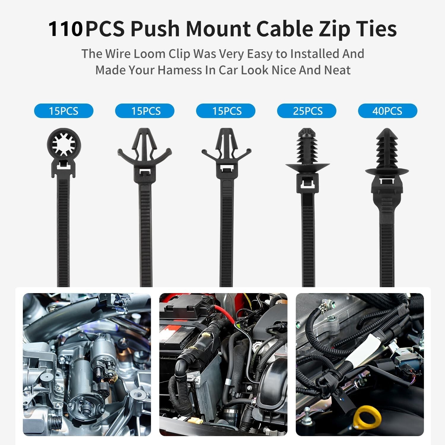 110 PIEZAS Instalación Automotriz Negro Empuje Montaje Cable Cremallera Lazos Surtidos- - Image 5