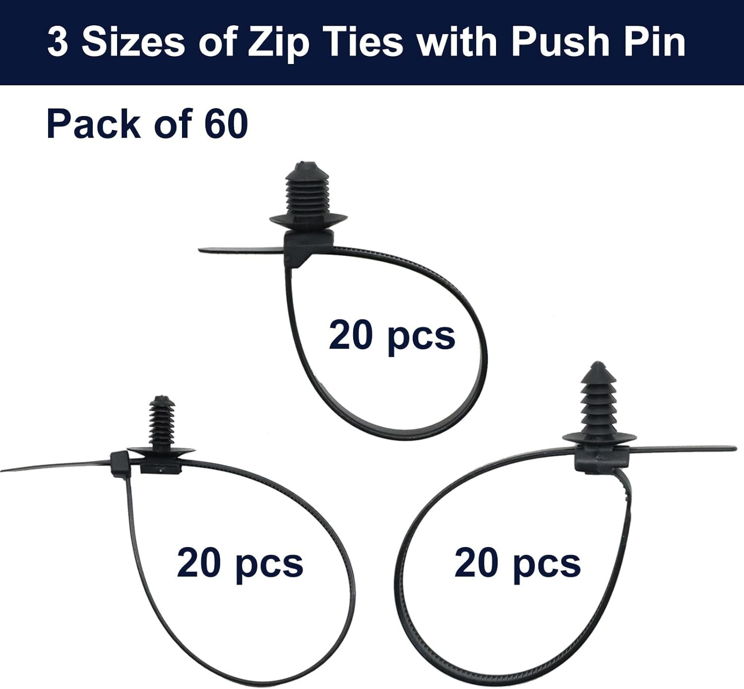 60pcs Assorted Push Mount Cable Zip Ties w/ Push Pin for Automotive Trailer Boat - Image 2