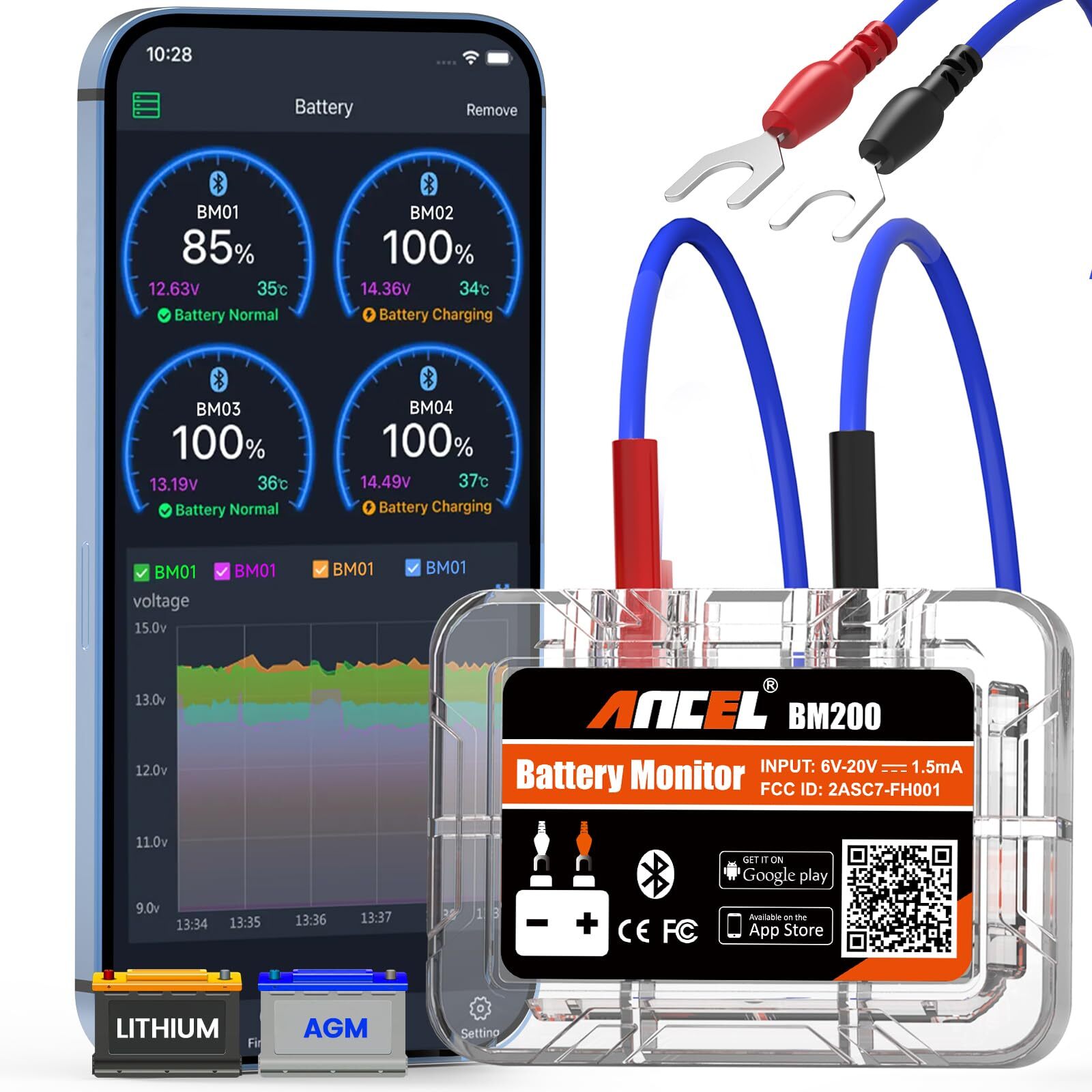 Probador de Batería de Coche ANCEL BM200-US Monitor de Batería Automotriz 12V Bluetooth A...-