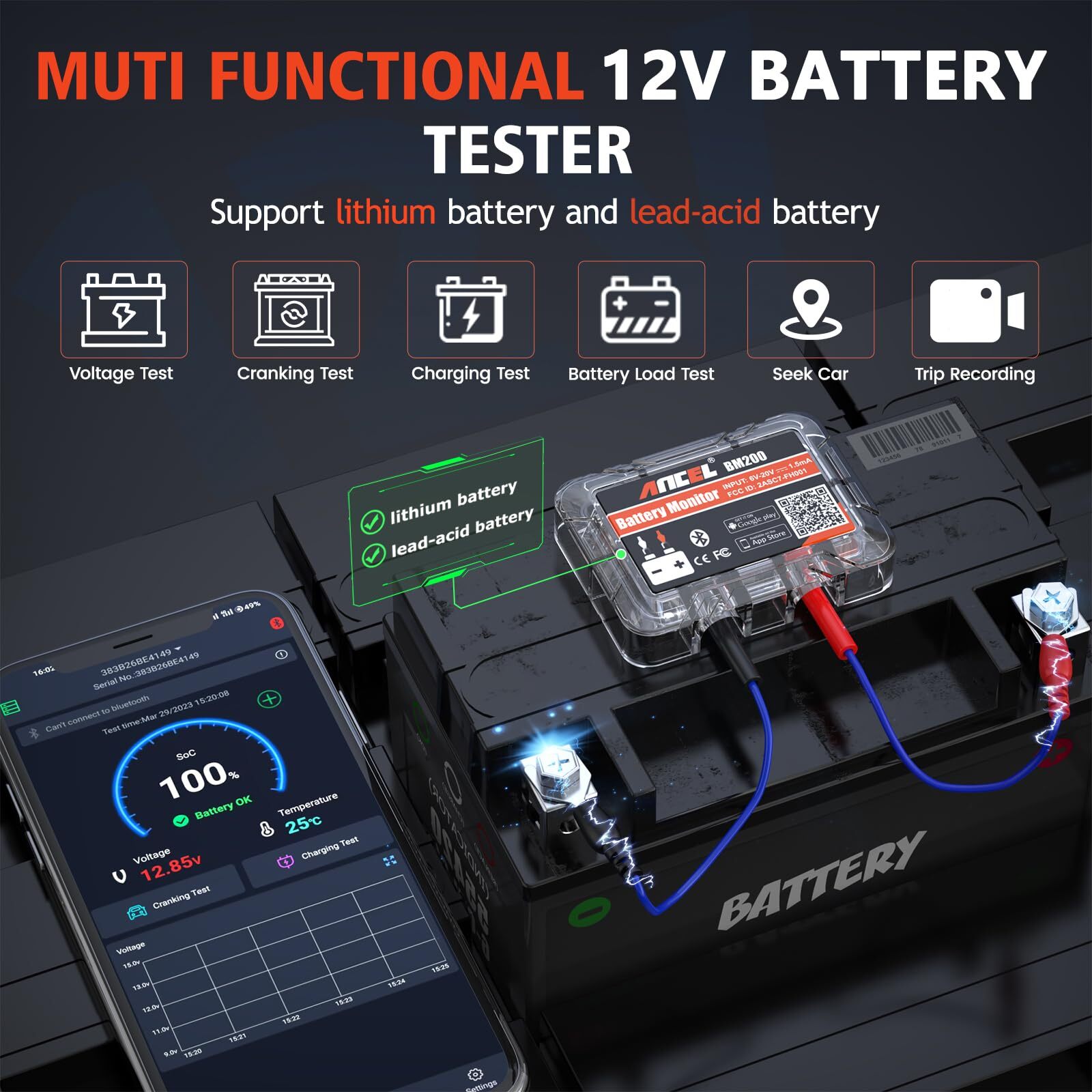 Probador de Batería de Coche ANCEL BM200-US Monitor de Batería Automotriz 12V Bluetooth A...- - Image 3
