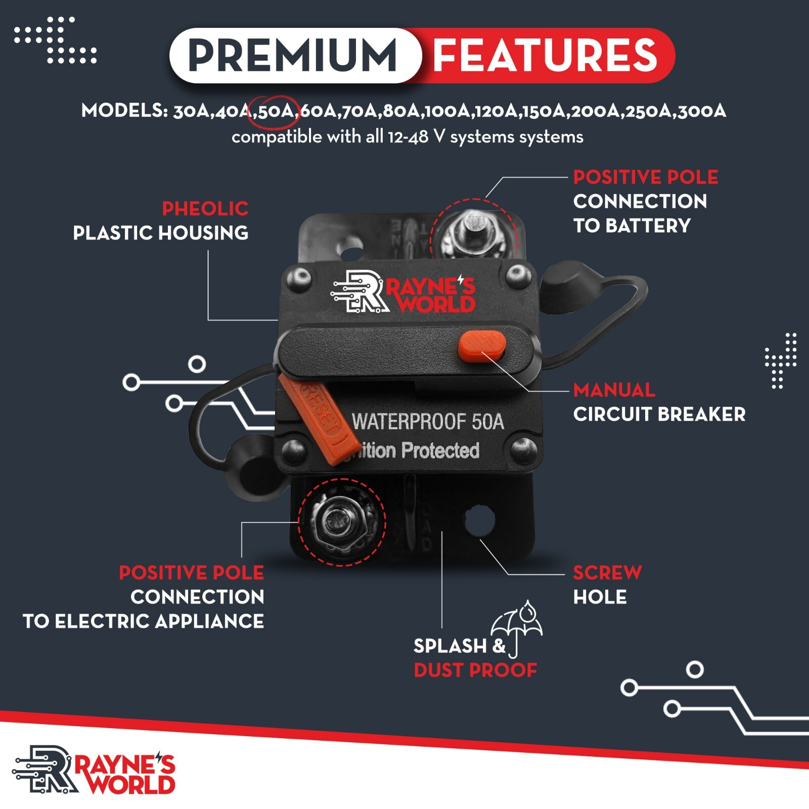 PACK 10 50 Amp Impermeable Disyuntor Coche/Marino/Solar 12-48DC Restablecimiento Manual- - Image 3