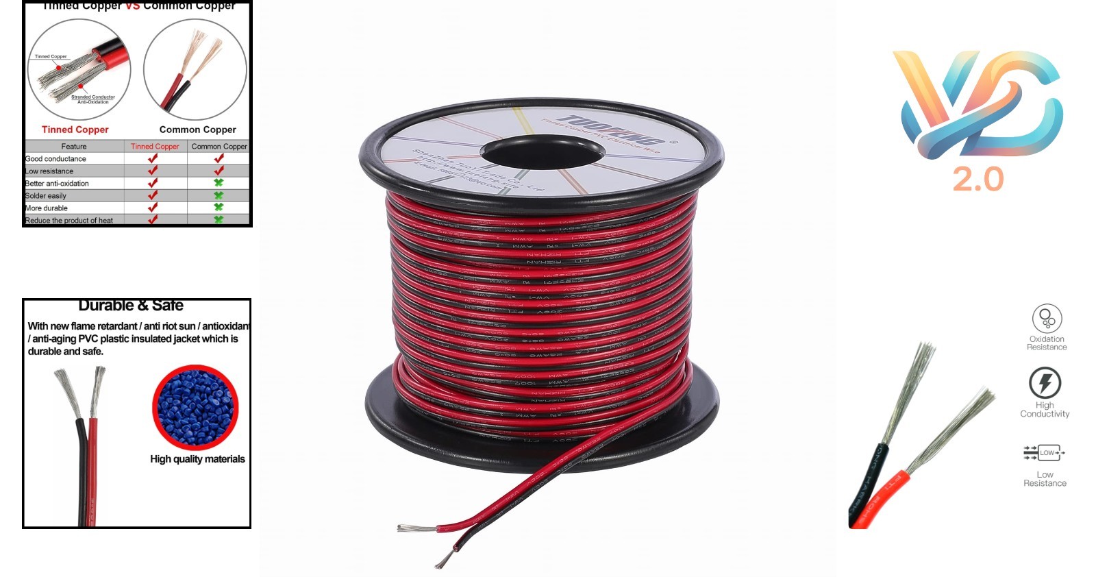 22AWG 100ft LED Extension Cable Copper Wire – 2 Pin, Red Black, 12V/24V - Image 2