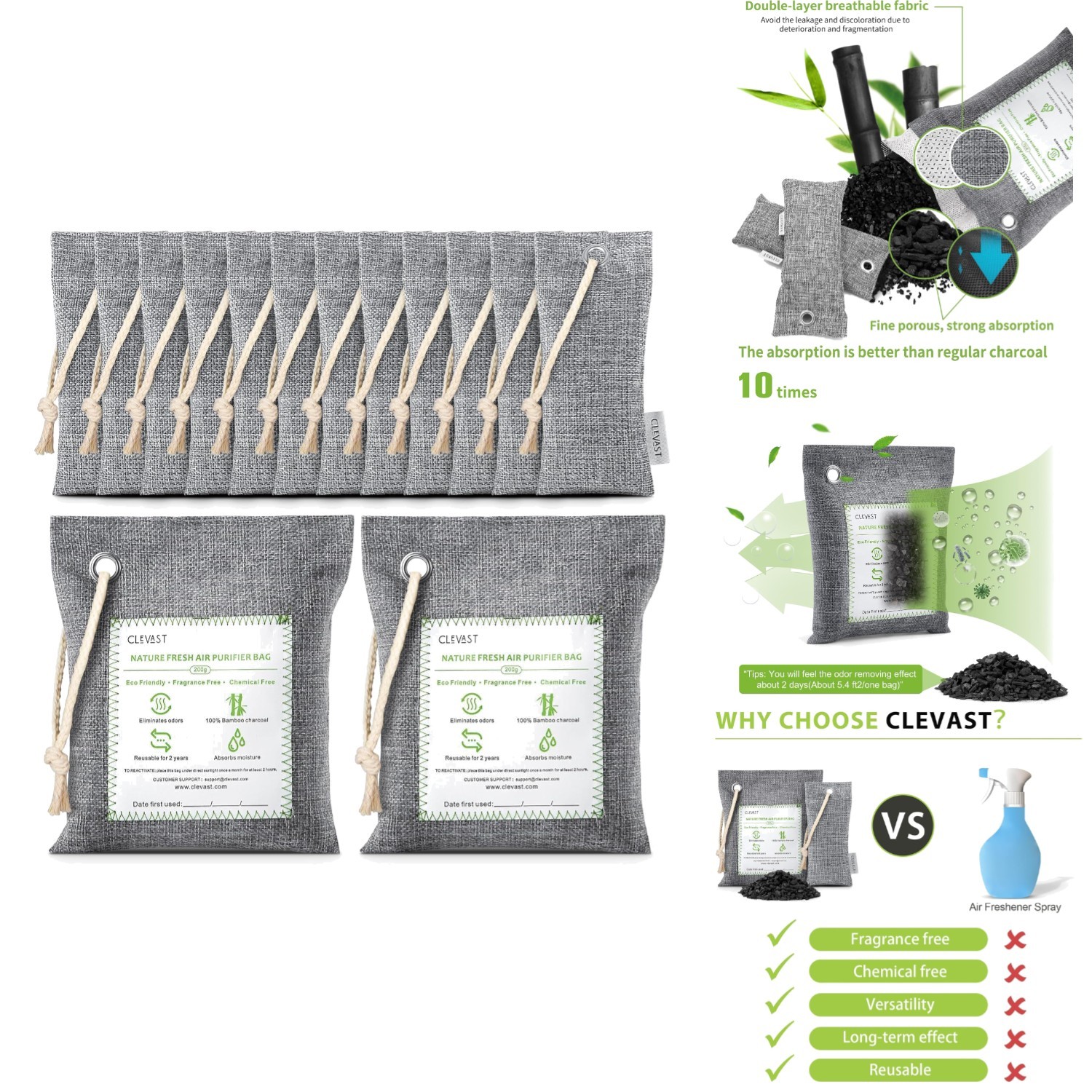 Paquete de 14 bolsas purificadoras de aire de carbón de bambú - Eliminador de olores natural para el hogar-