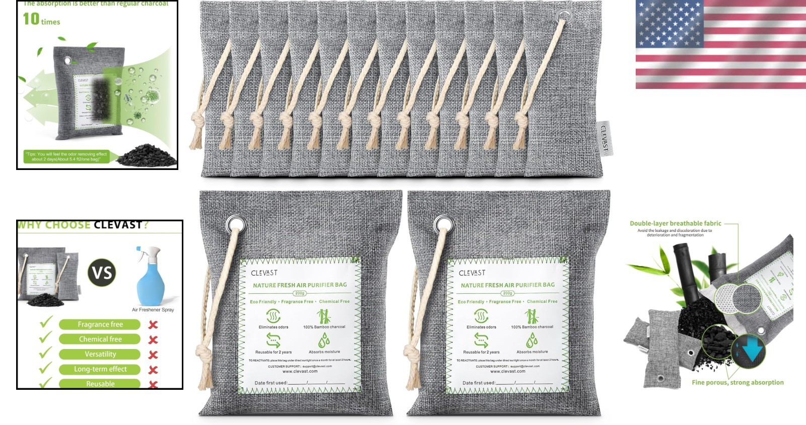 Paquete de 14 bolsas purificadoras de aire de carbón de bambú - Eliminador de olores natural para el hogar- - Image 2