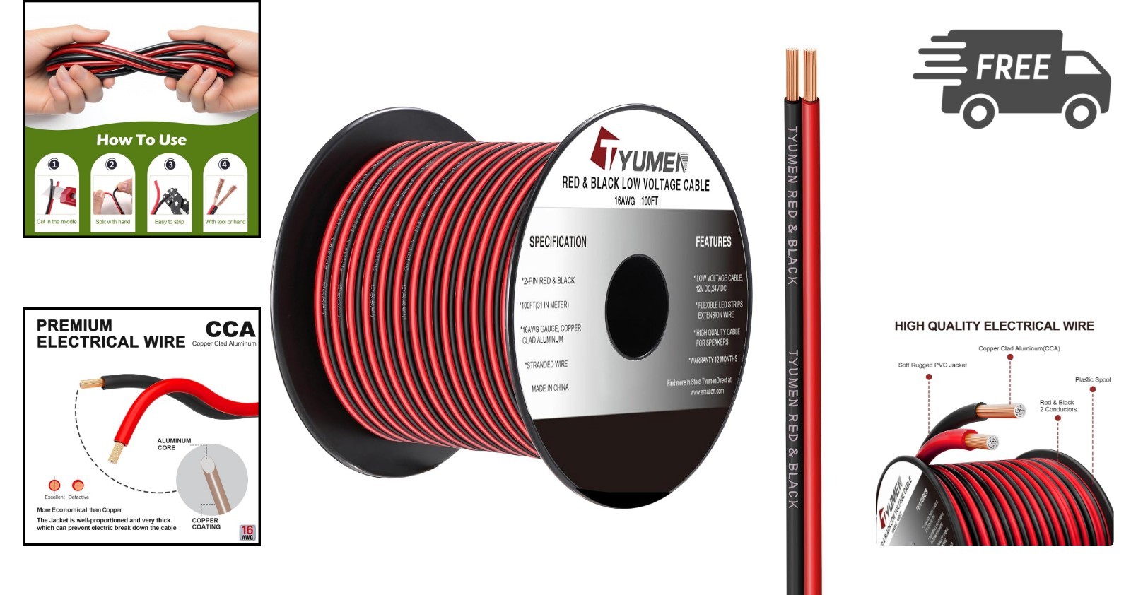 16 AWG Wire Extension Cable 100FT Red Black LED Strip Light DC Power Cord - Image 2
