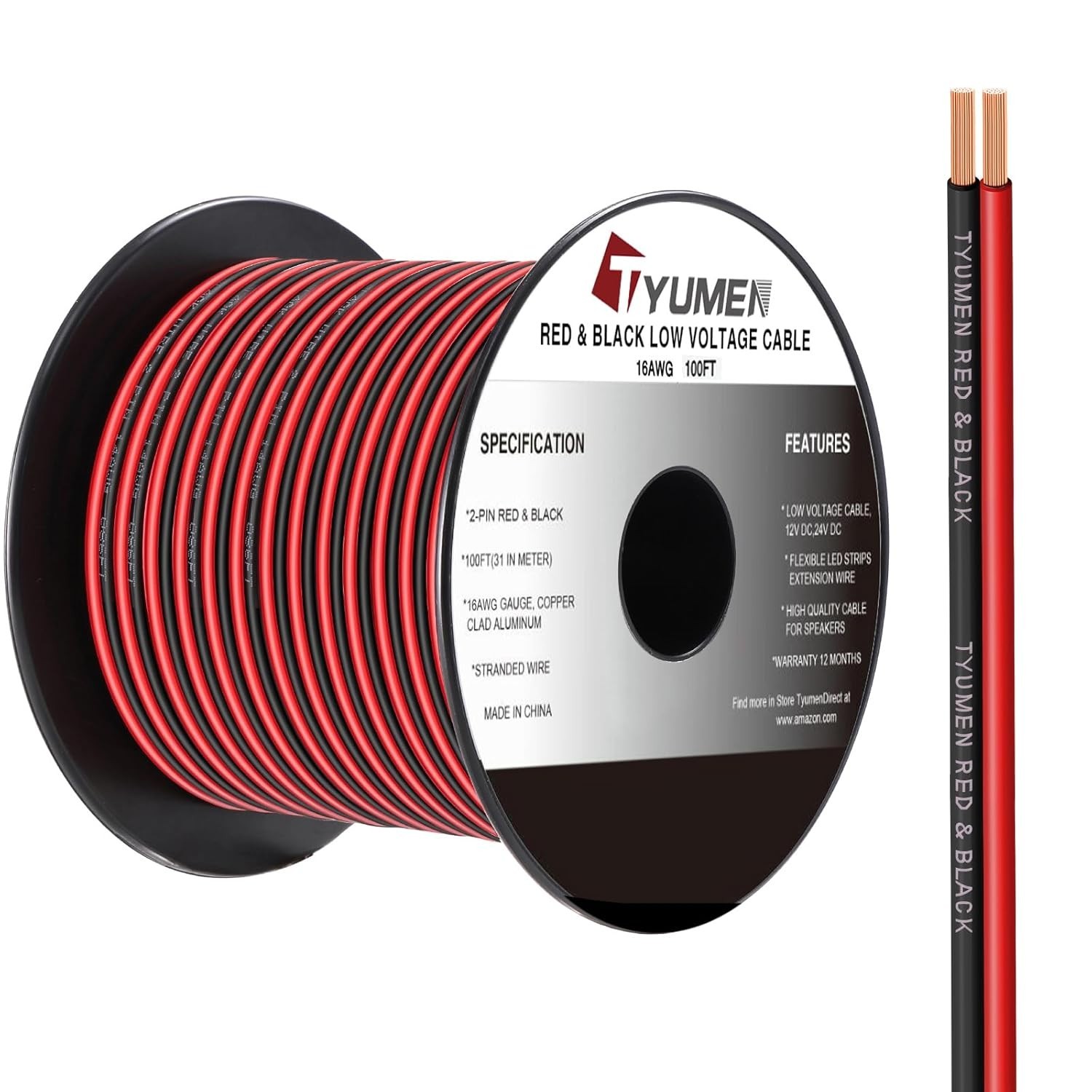 16 AWG Wire Extension Cable 100FT Red Black LED Strip Light DC Power Cord - Image 3