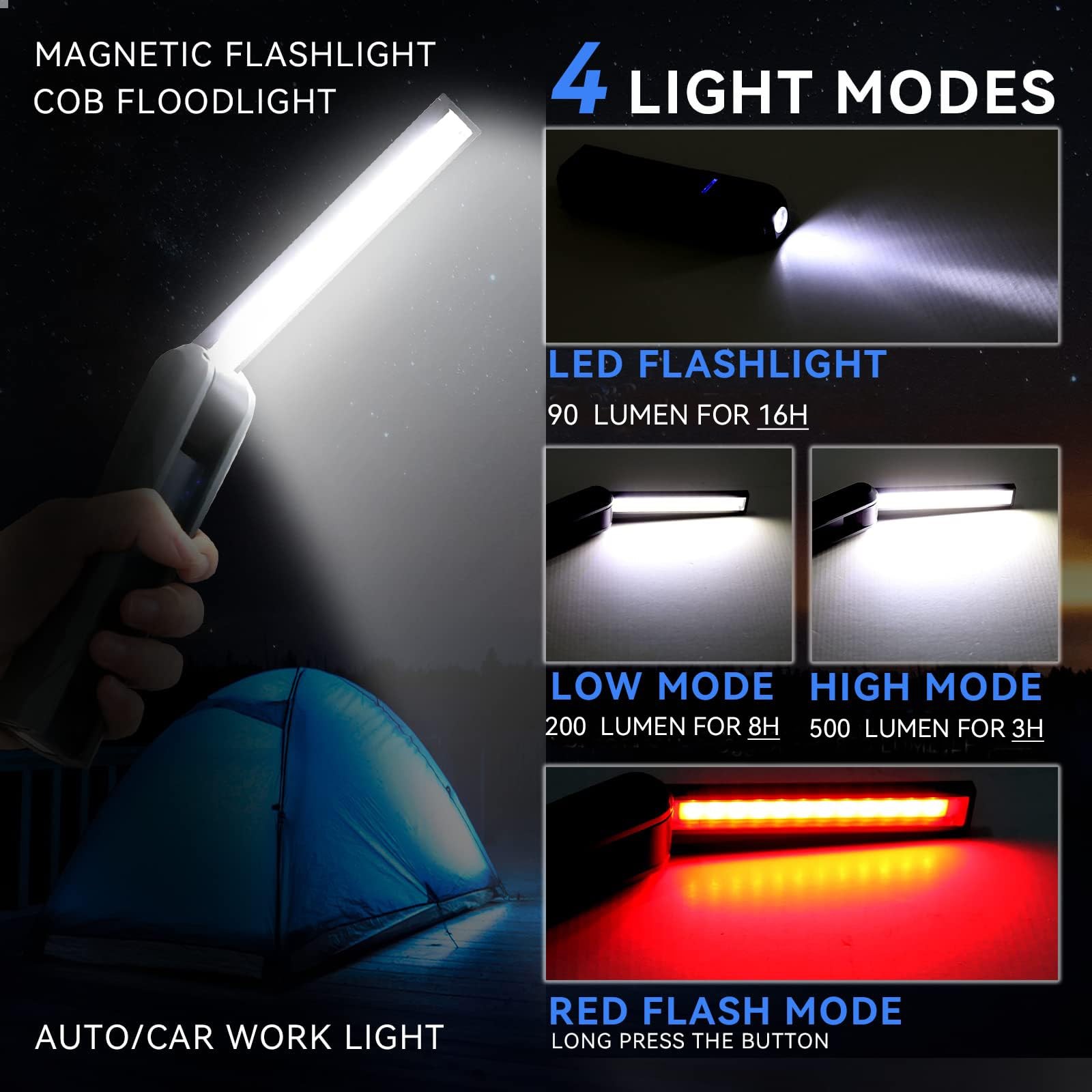 Rechargeable LED Work Light Automotive Foldable USB Portable Flashlight Work ... - Image 3
