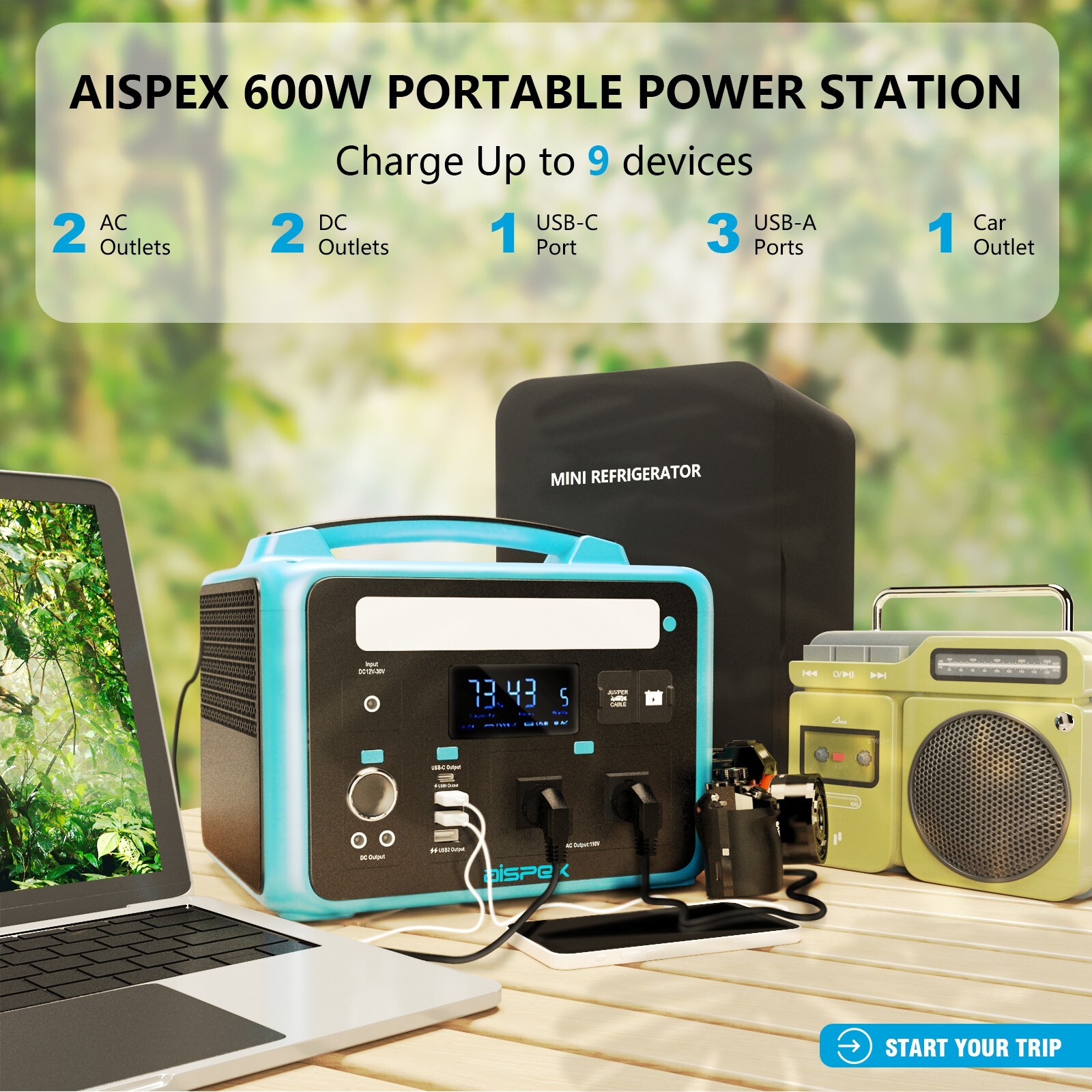 AISPEX 600W Portable Power Station , 640Wh Backup Battery, Generator, Camping - Image 2