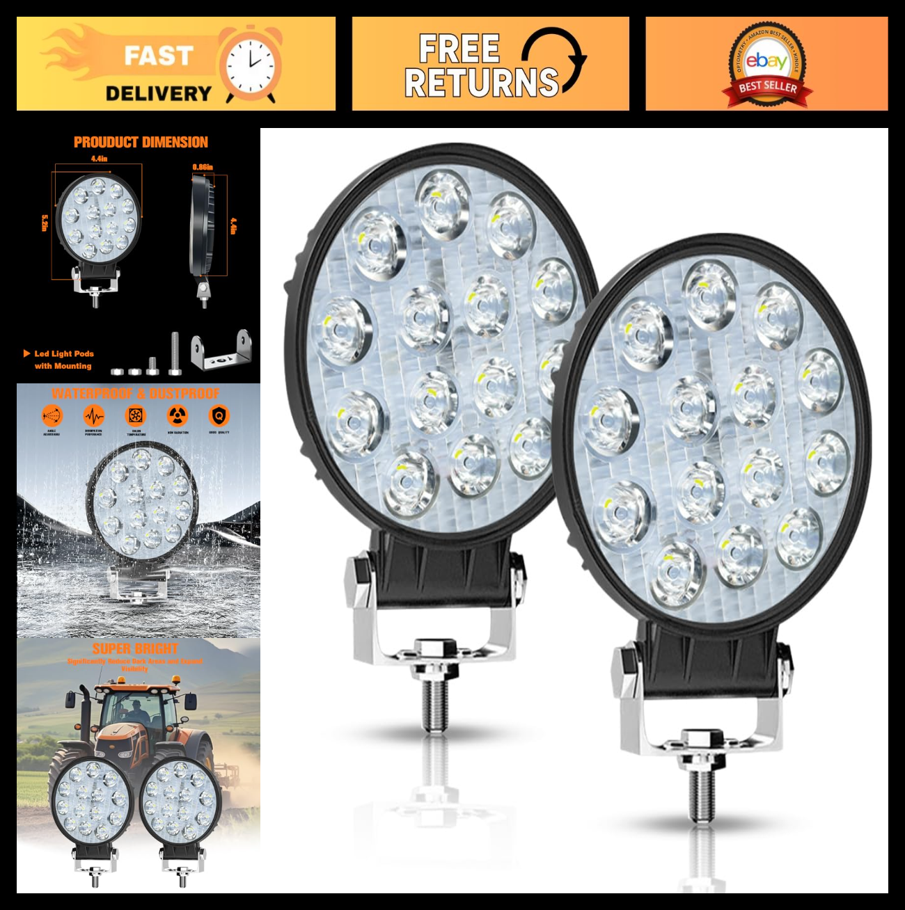 42W LED Work Light Pods - 4" Round Flood Lights for Truck, ATV, UTV, Boat, RV -