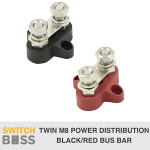 TWIN M8 Terminal Post Power Distribution Block Bus Bar - Side Mount Black Red