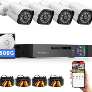 VORGUT Wired Security Camera System 4CH DVR 5MP Lite 4x3MP Cameras 500GB