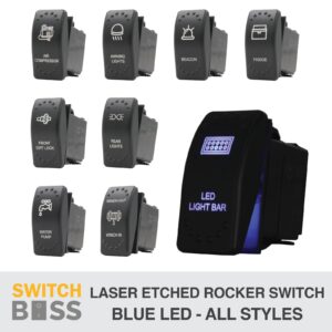 Blue LED CUSTOM LASER ETCHED Rocker Switch 88 Styles Caravan Marine 4x4 Boat Car