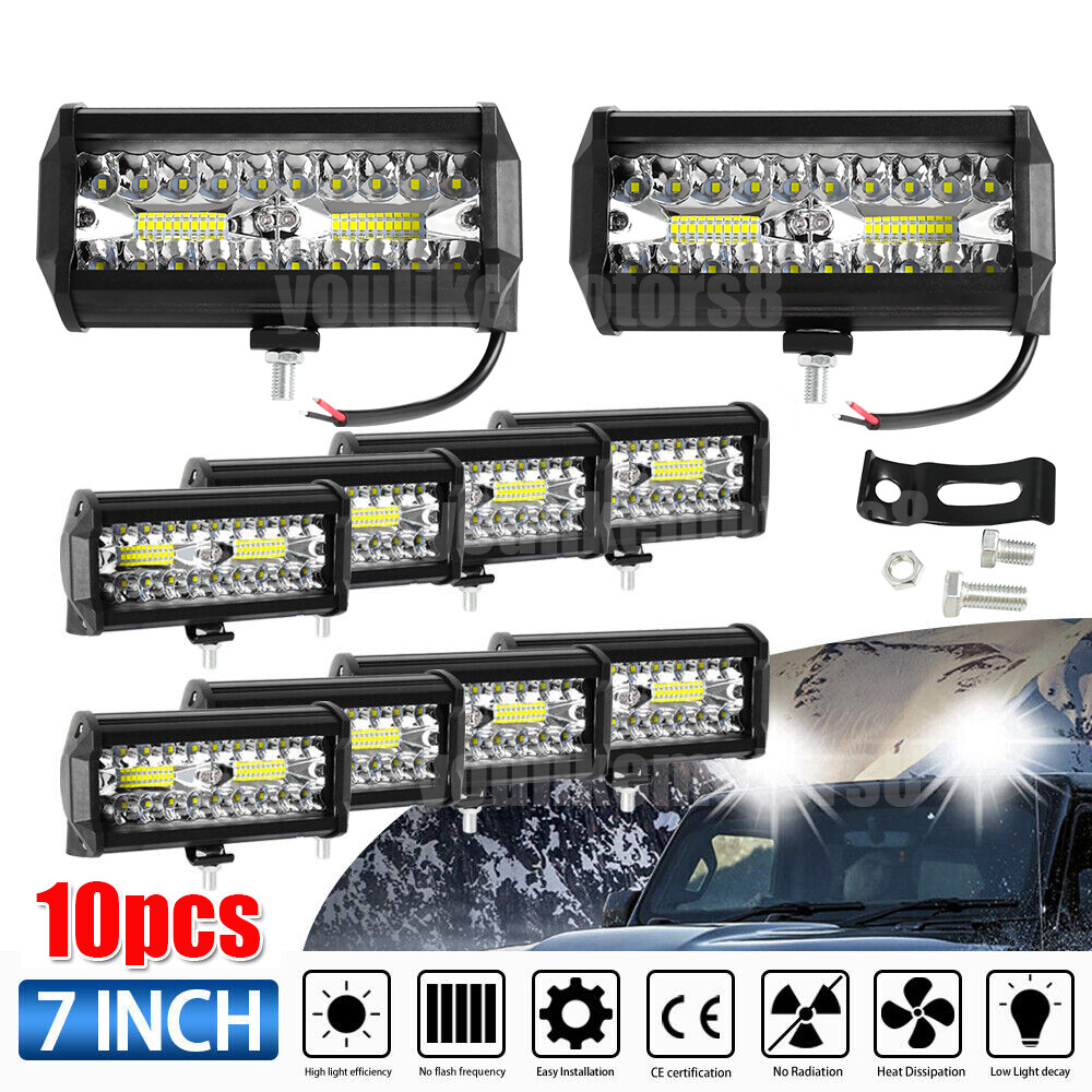10pcs 7'' LED Work Lights Bar Spot Flood Combo Off-Road Truck Reverse Fog Lights
