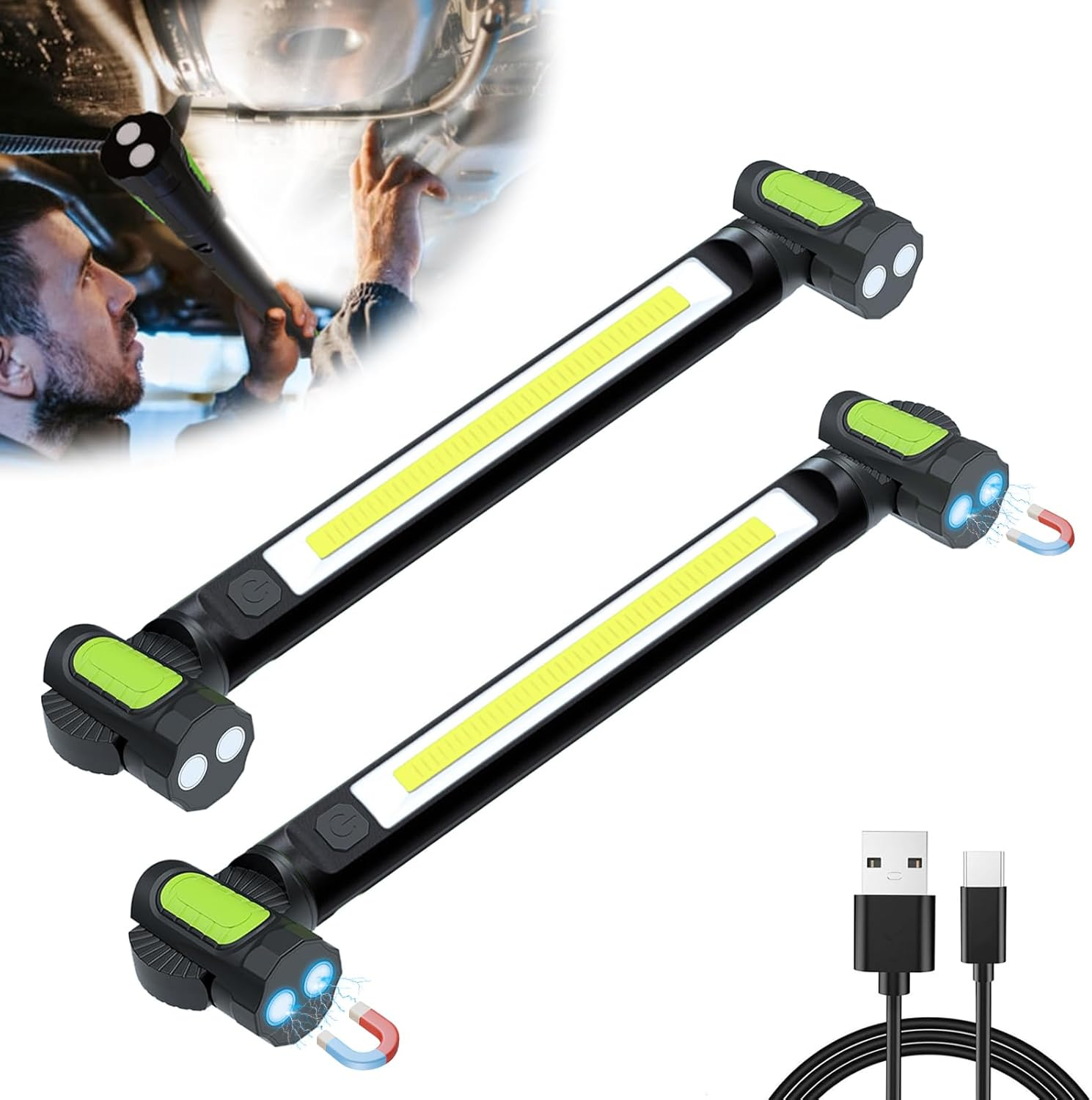 Rechargeable Magnetic Work Light, 3200Lm LED, 2 Pcs Portable Automotive Tools