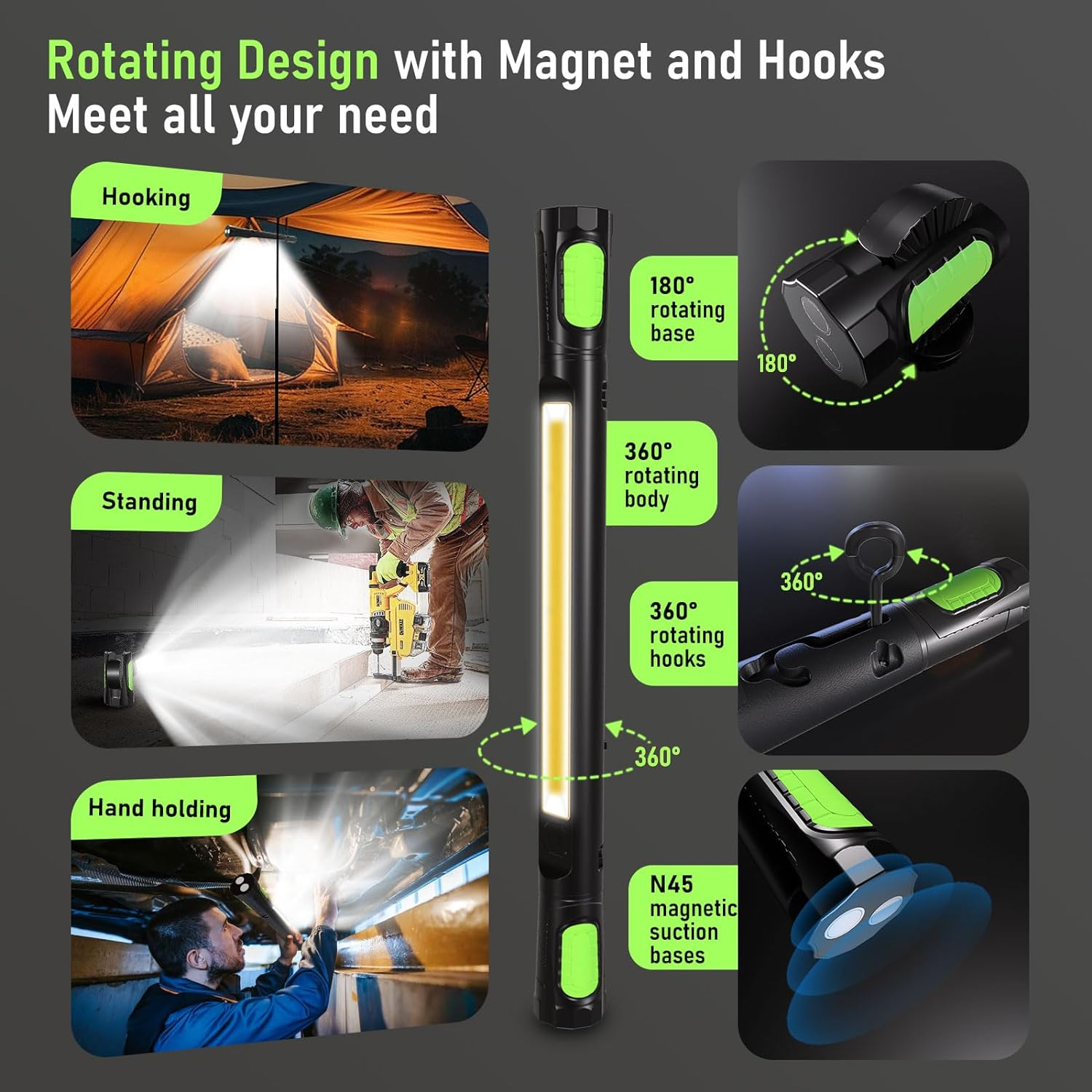 Rechargeable Magnetic Work Light, 3200Lm LED, 2 Pcs Portable Automotive Tools - Image 5