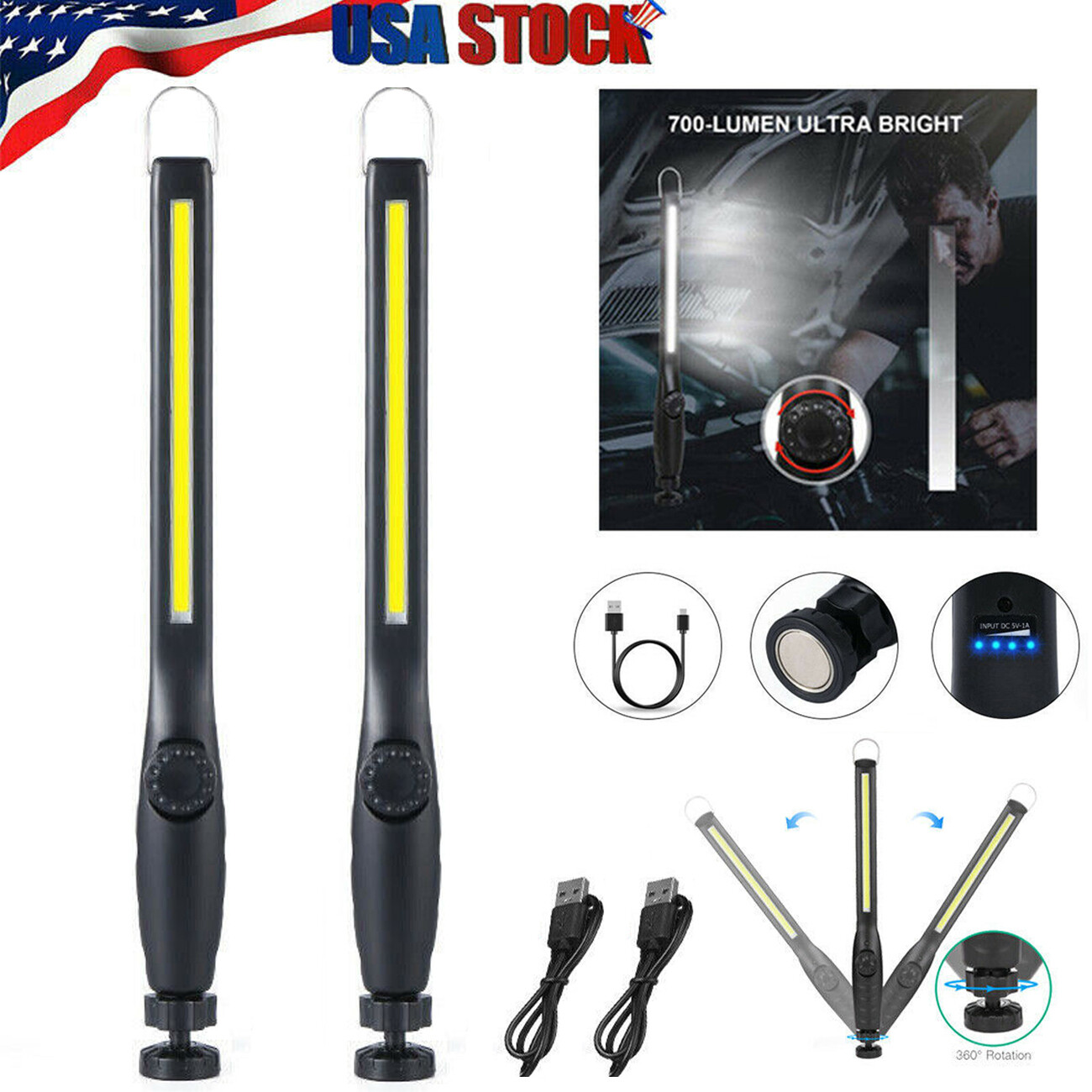 2 X LED Rechargeable Automotive Inspection Work Light Magnetic Flexible Cordless