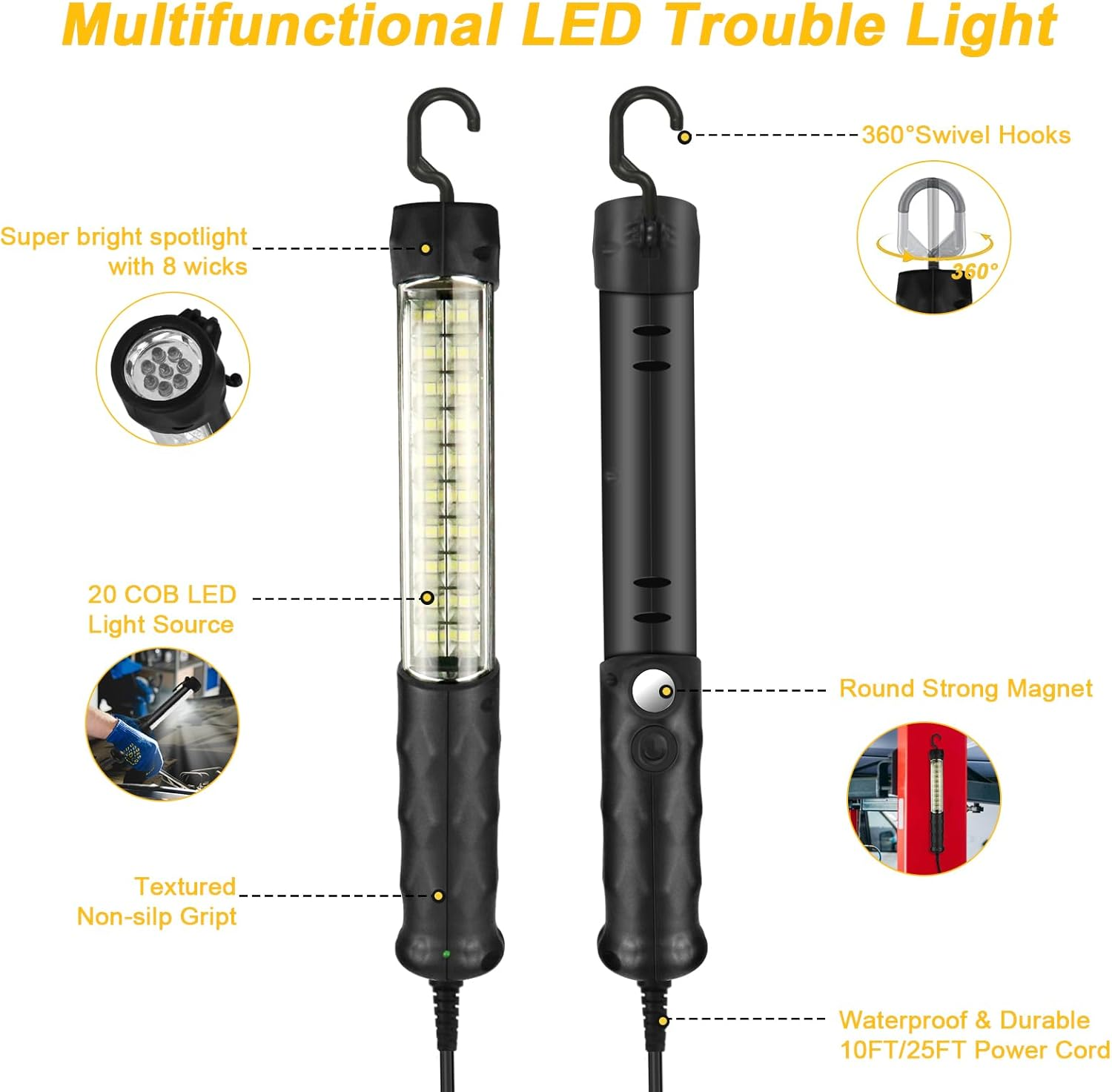 LED Trouble Light with Corded(10Ft), Drop Lights Automotive with Magnet, Swivel - Image 3