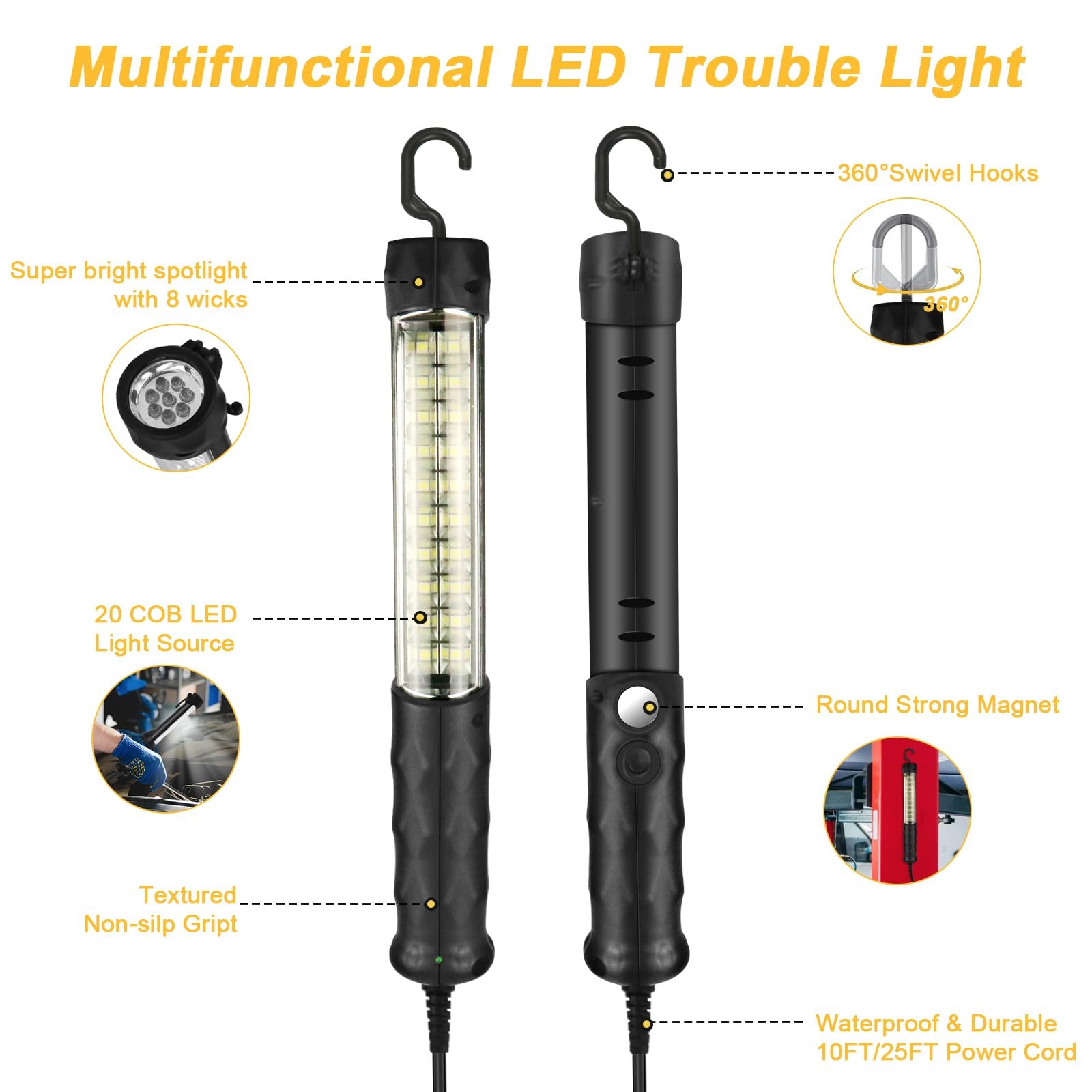 LED Trouble Light with Corded(10FT), Drop Lights Automotive Black-10FT - Image 3