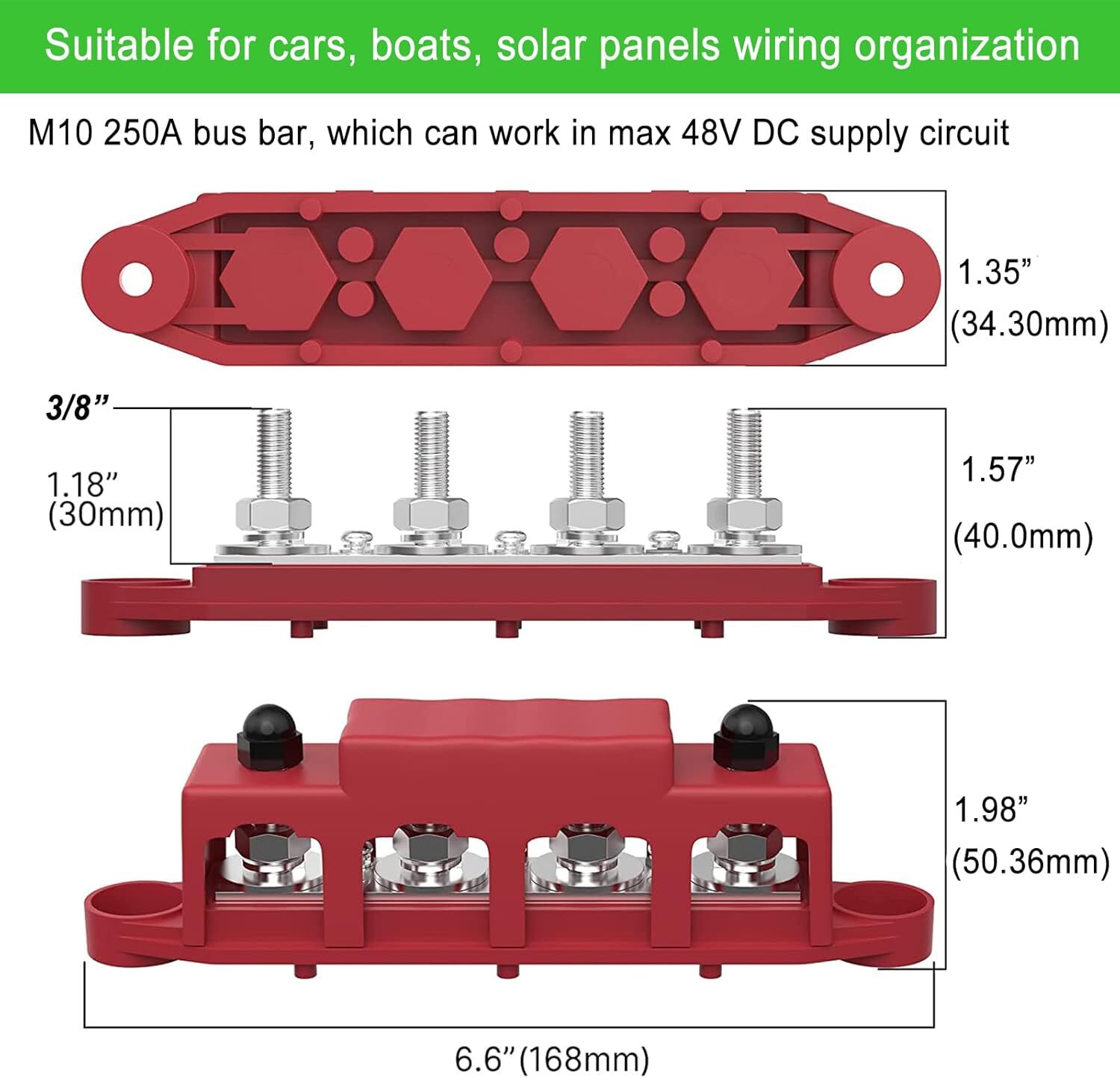 250A 12V Busbar 3/8" Power Distribution Block 4 Studs Junction Block Automotive - Image 3