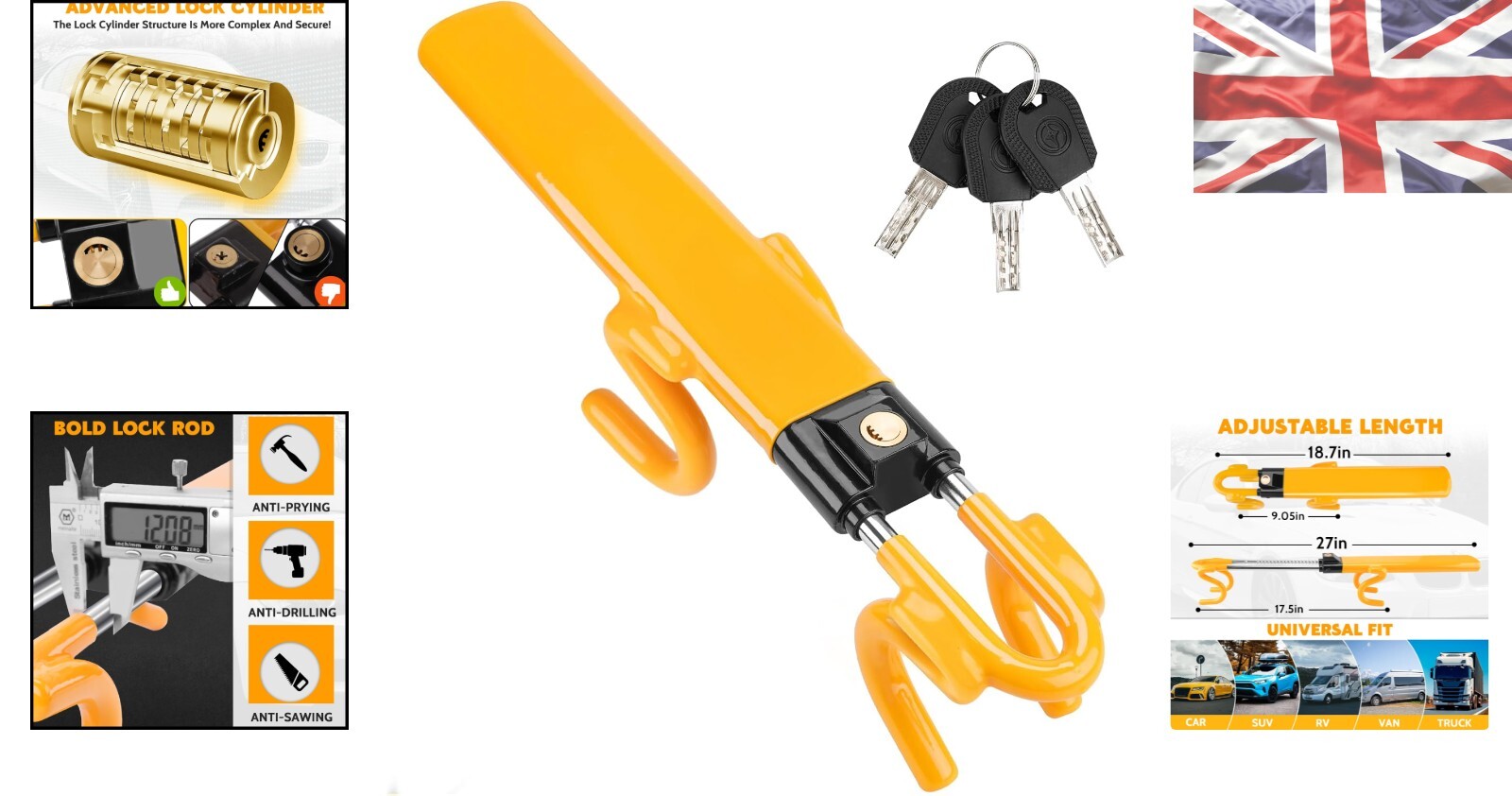 Cerradura de volante de ajuste universal - Cerraduras duraderas de doble barra con 3 llaves en amarillo- - Image 2