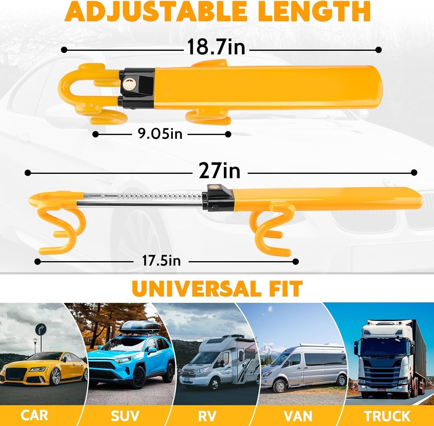 Cerradura de volante de ajuste universal - Cerraduras duraderas de doble barra con 3 llaves en amarillo- - Image 4