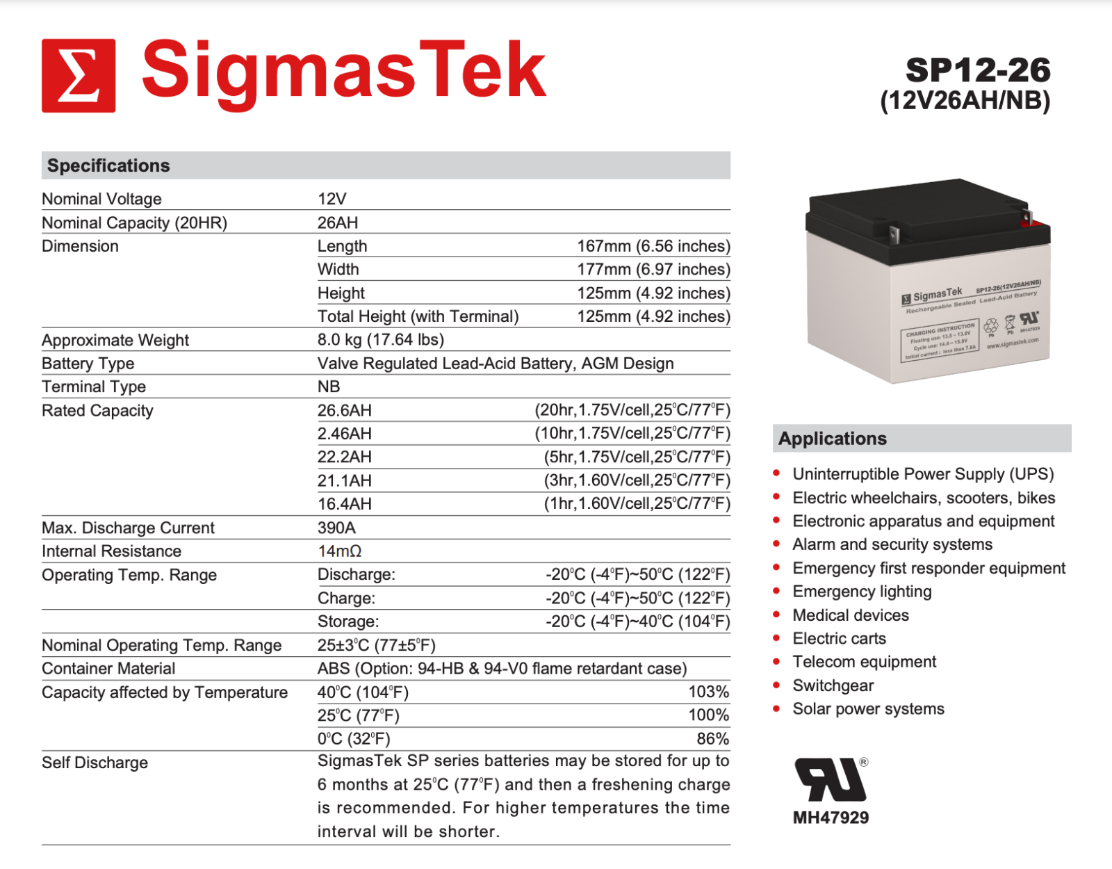 Pack of 3 x SigmasTek SP12-26 (NB) SLA Batteries - 12V 26Ah NB Terminal - Image 4