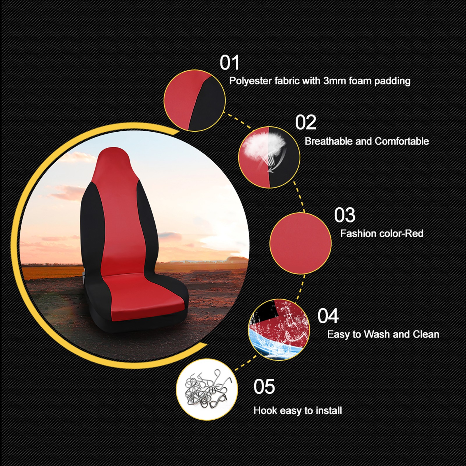 Cubierta protectora de asiento de cubo para automóvil personalizada para la mayoría de los autos camiones roja negra- - Image 3
