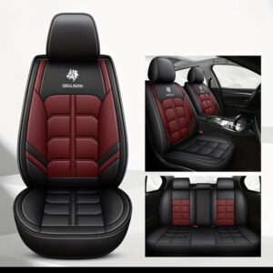 Deluxe Front, Rear Red Wine And Black Faux Leather Car Seat Covers 5 Seat Set