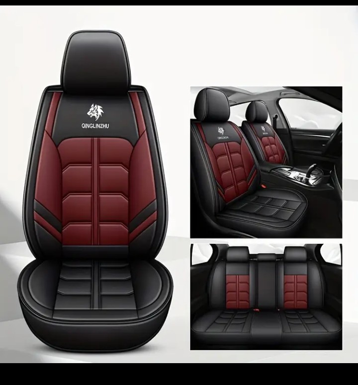 Deluxe Front, Rear Red Wine And Black Faux Leather Car Seat Covers 5 Seat Set
