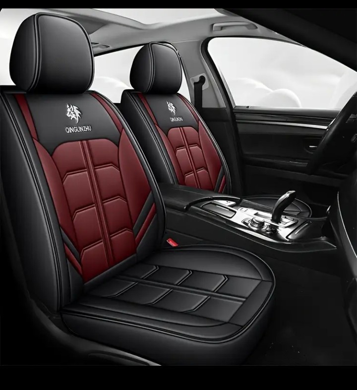 Deluxe Front, Rear Red Wine And Black Faux Leather Car Seat Covers 5 Seat Set - Image 2