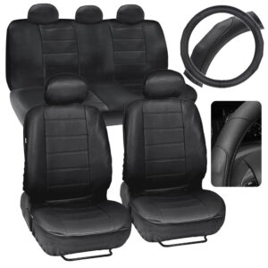 Fundas de asiento de coche de cuero PU negro + cubierta de volante con costuras de lujo-